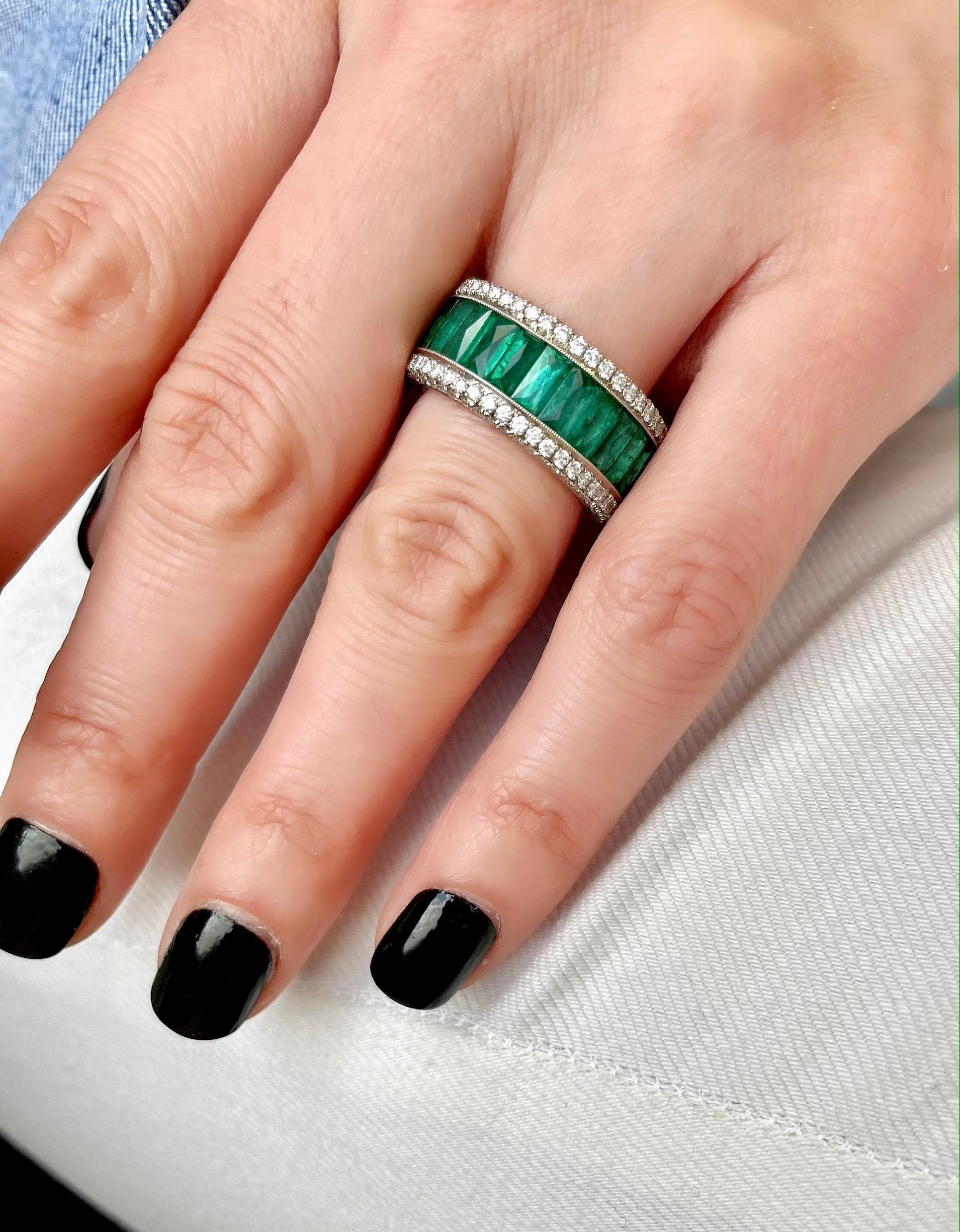 Gems Are Forever 7 carat French Cut Emerald & 2.07 carat Diamond Eternity Band For Sale 2