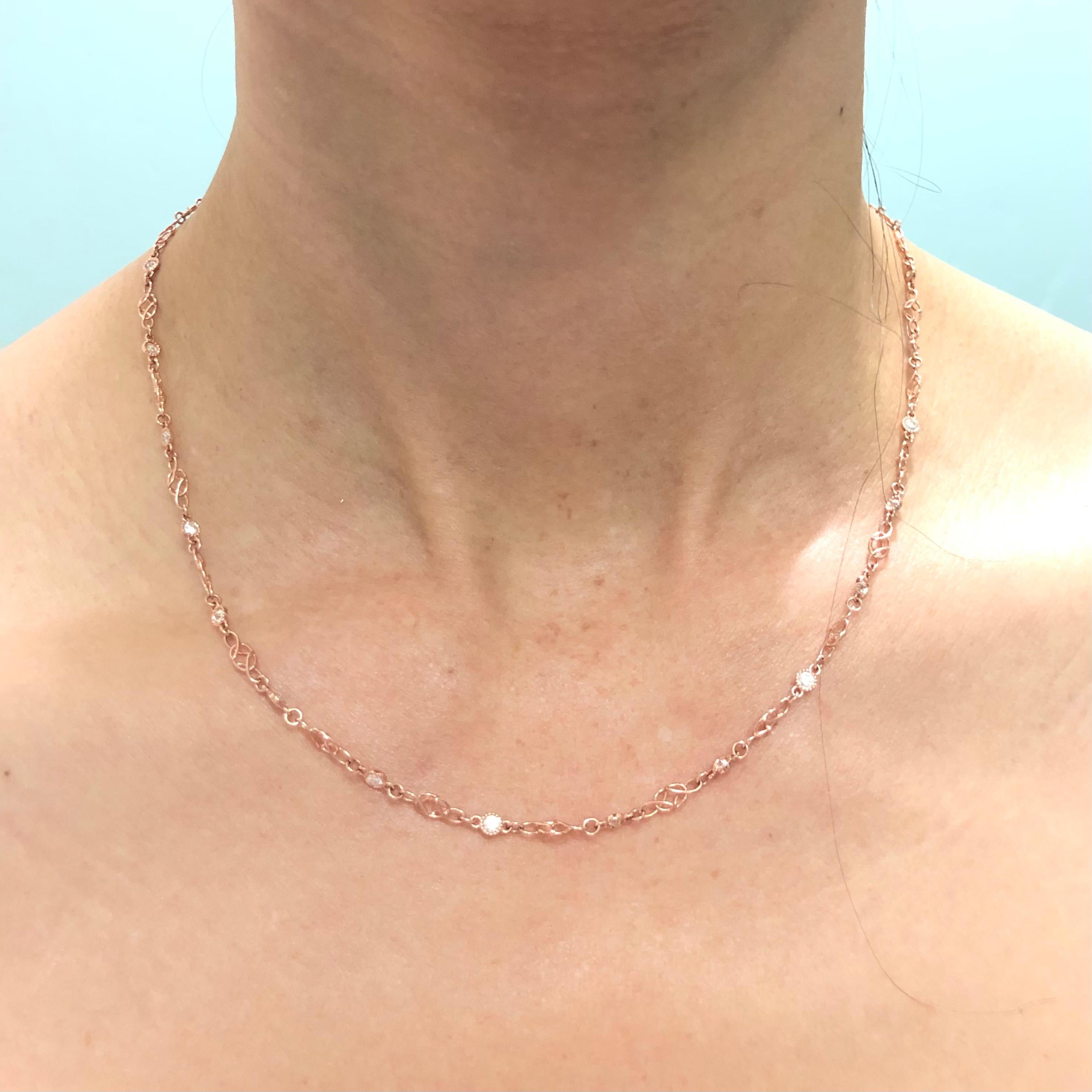 Chaîne collier à maillons en or rose 18 carats avec diamants 1,44 carat, style ancien 