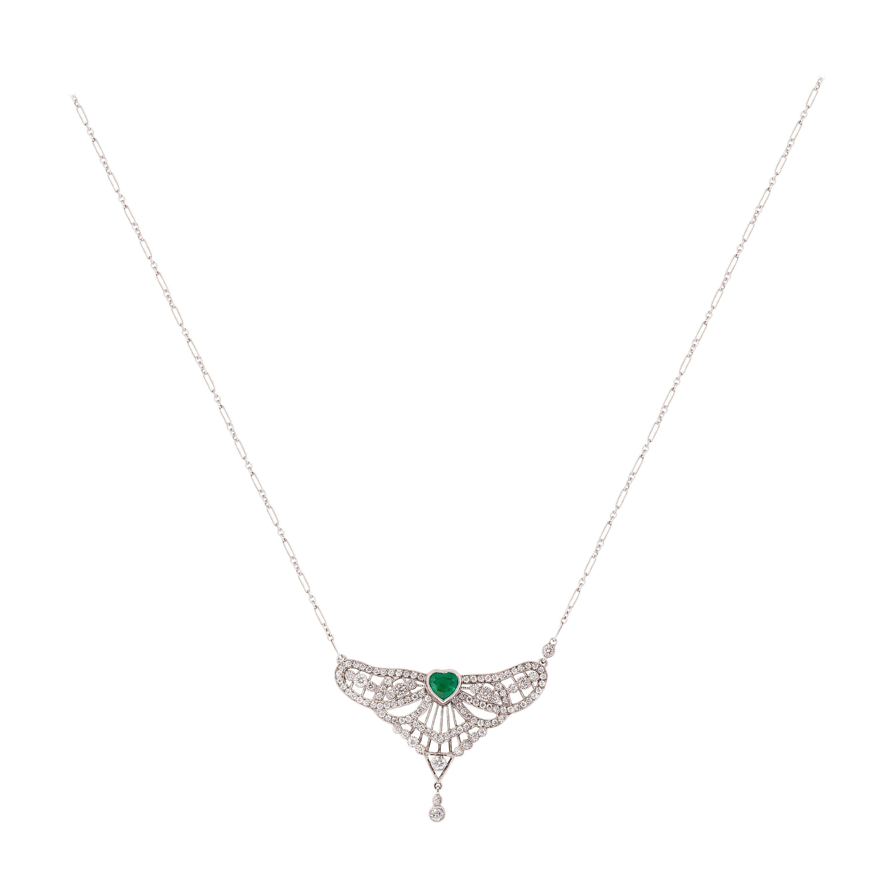 Heart Cut Gems Are Forever Art Deco Inspired Handcrafted 0.81 Ct Heart Emerald and Diamond For Sale