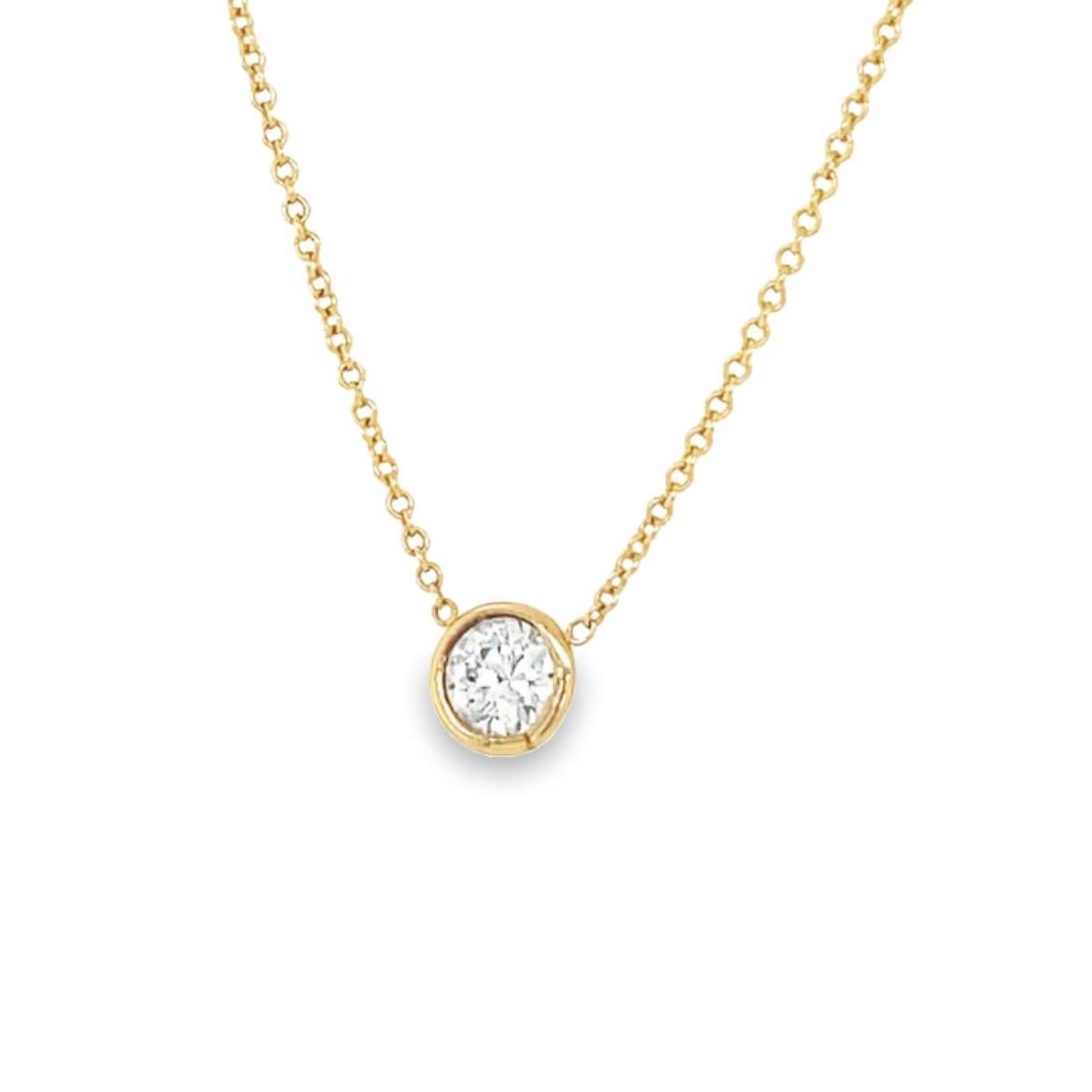Round Cut Gems Are Forever Bezel Set Diamond Solitaire Necklace in 14k Yellow Gold For Sale