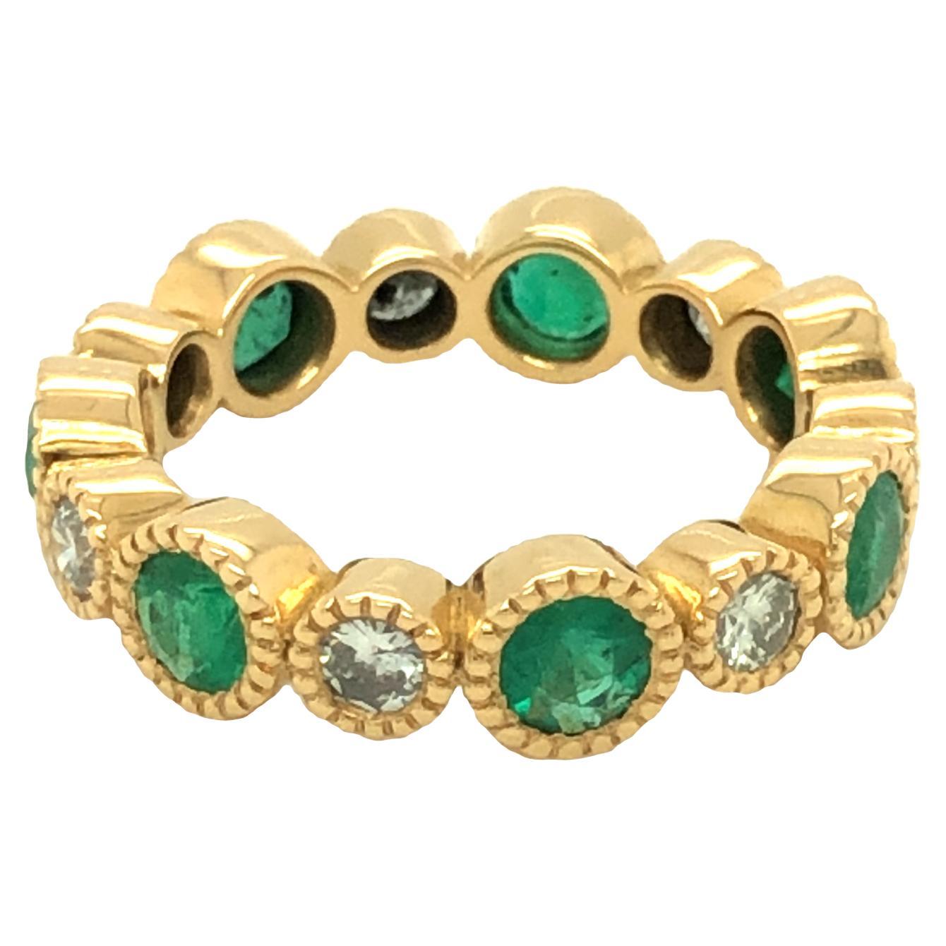 Gems Are Forever Emerald and Diamond Eternity Wedding Band Ring 18K Yellow Gold For Sale