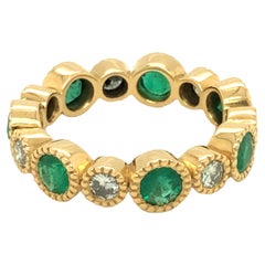 Used Gems Are Forever Emerald and Diamond Eternity Wedding Band Ring 18K Yellow Gold