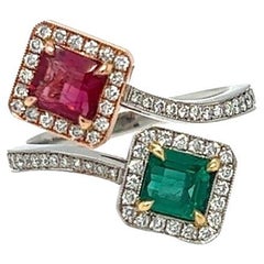 Gems Are Forever Emerald and Red Beryl Bypass Ring Platinum and 18K Rose Gold