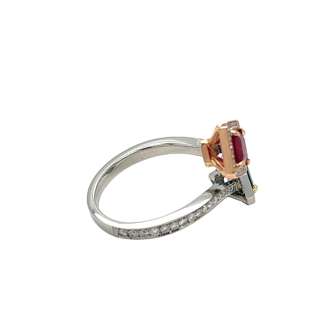 Emerald Cut Gems Are Forever Emerald and Red Beryl Bypass Ring Platinum and 18K Rose Gold
