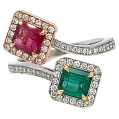Gems Are Forever Emerald and Red Beryl Bypass Ring Platinum and 18K Rose Gold