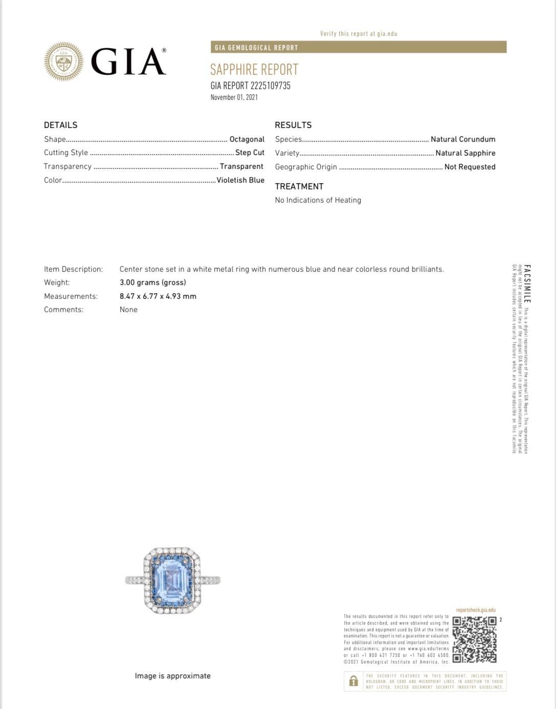 Gems Are Forever GIA Cert 2.71 Ct Unheated Sapphire Diamond Double Halo Ring In New Condition For Sale In beverly hills, CA