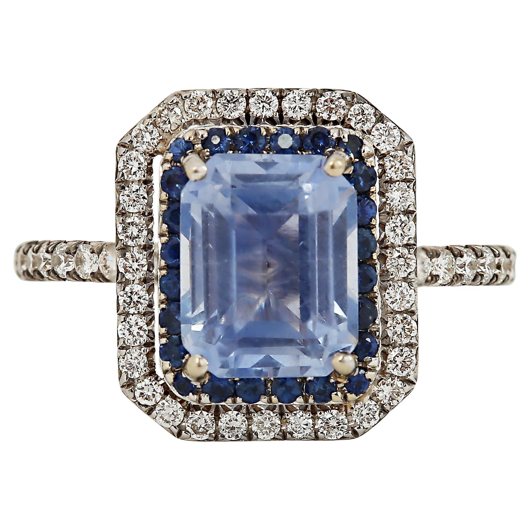 Gems Are Forever GIA Cert 2.71 Ct Zafiro no calentado Diamante Doble Halo Anillo