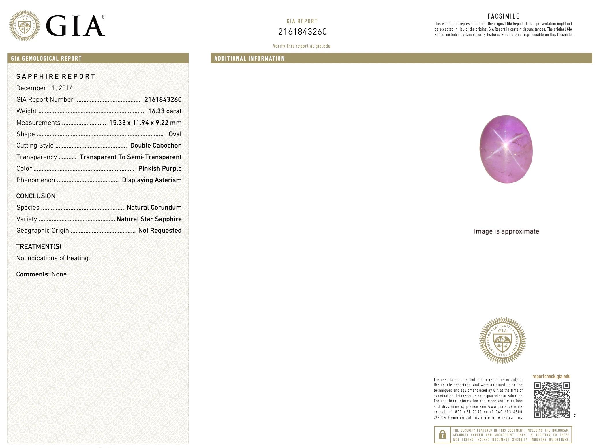 Les pierres précieuses sont éternelles certifiées par le GIA : saphir étoilé rose violet 16,33 et diamants en vente 2