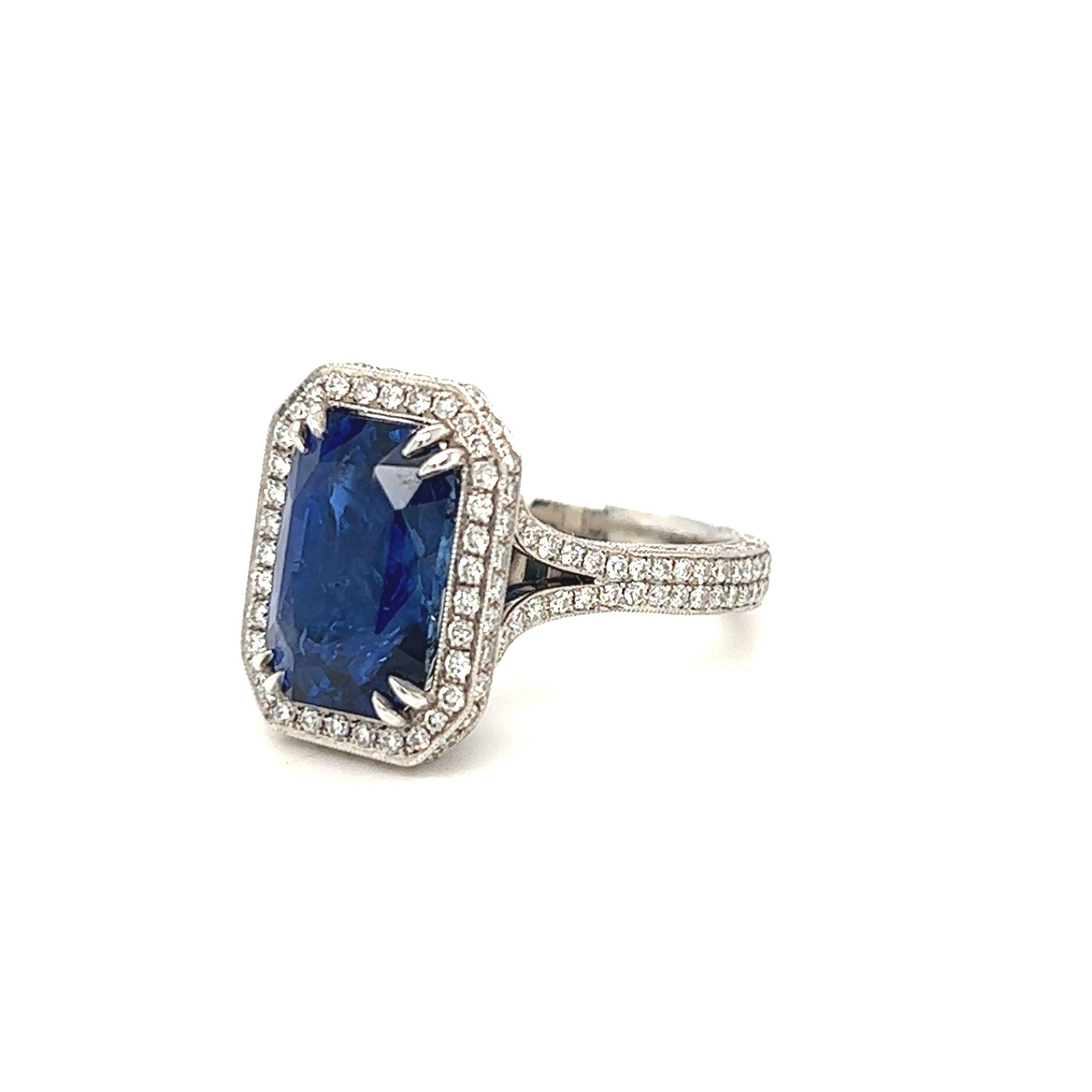 Designed and handcrafted by our team at Gems Are Forever, Beverly Hills. Our proud creation is this art deco inspired sapphire and diamond convertible ring and pendant. A deep royal blue sapphire 8.14 carat step cut Ceylon sapphire is front and