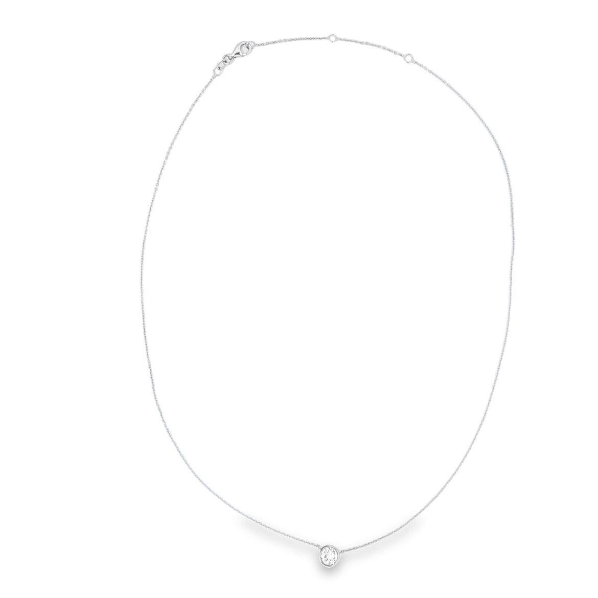 Round Cut Gems Are Forever Gold Bezel Set Diamond Solitaire Necklace in 14K White Gold For Sale
