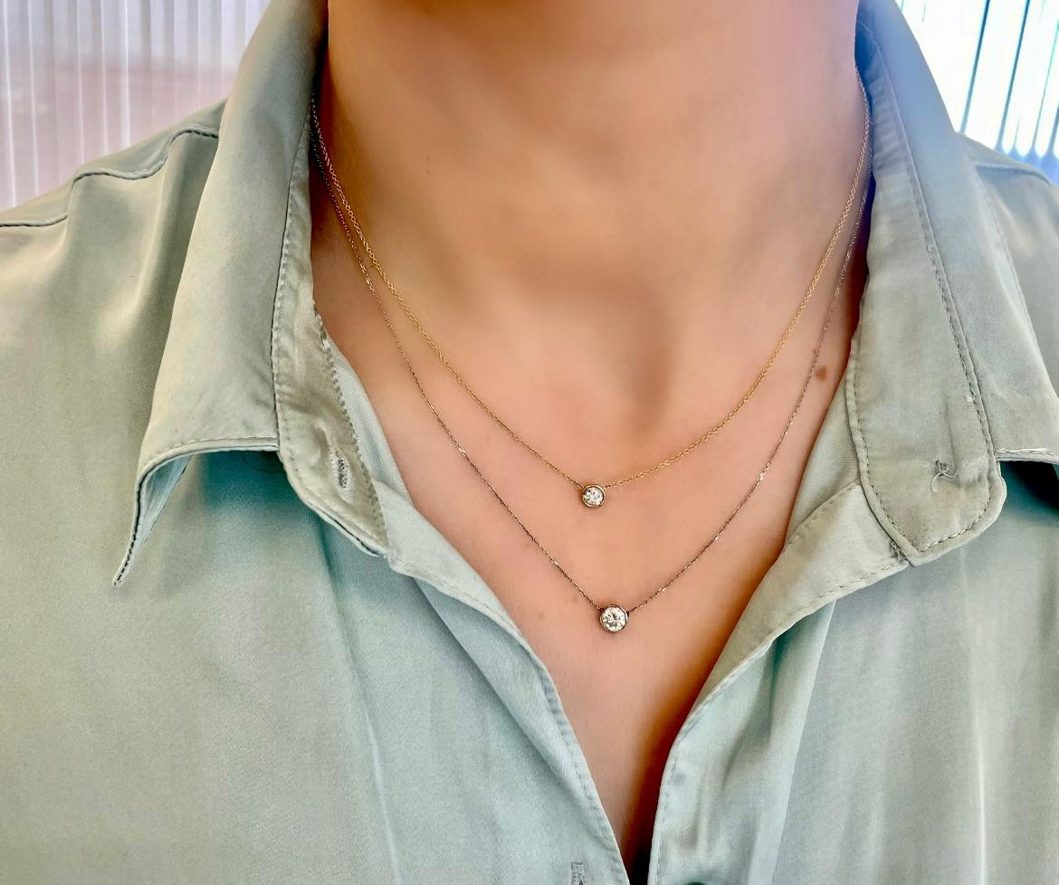 Gems Are Forever Gold Bezel Set Diamond Solitaire Necklace in 14K White Gold For Sale 2