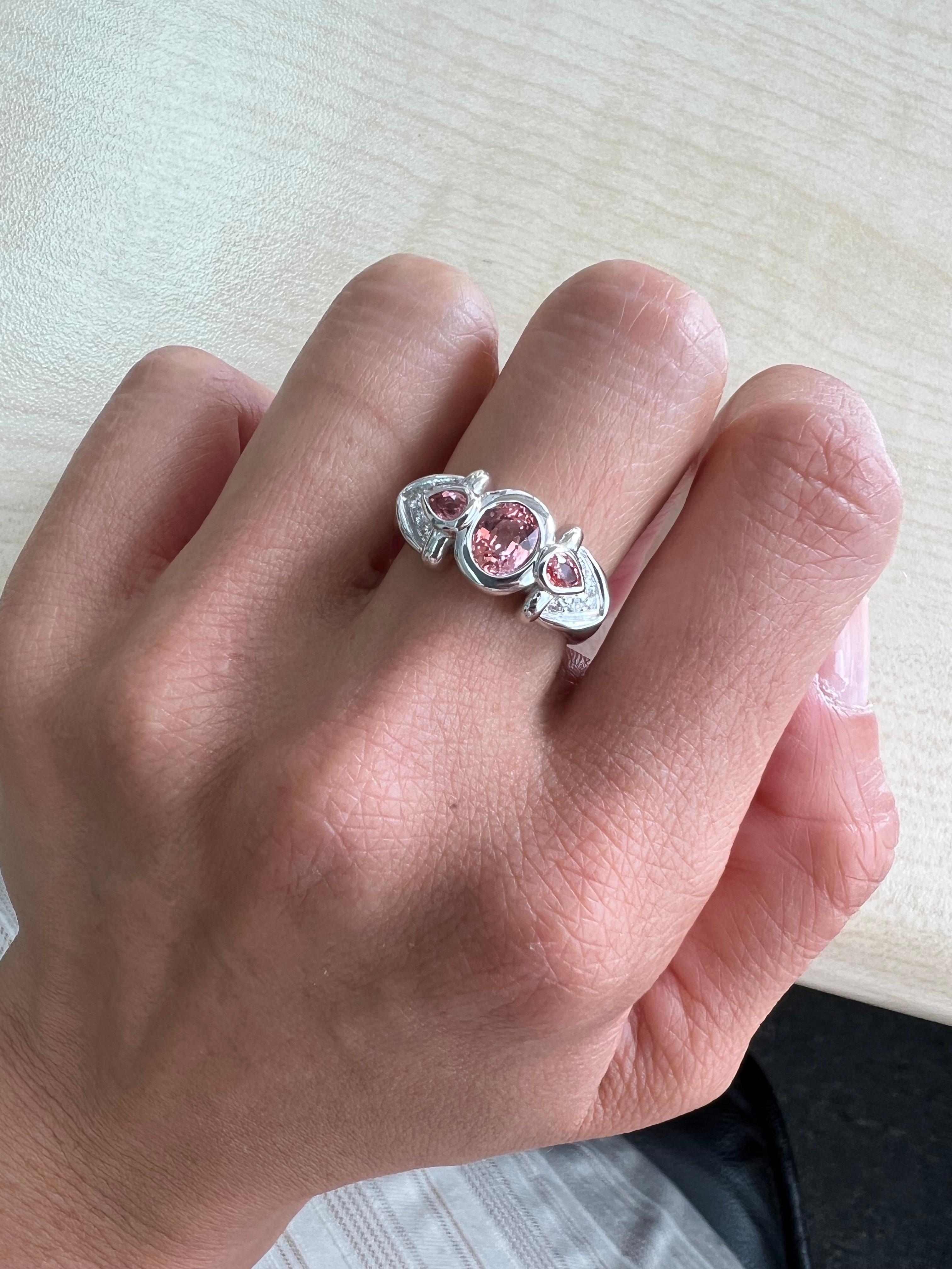 Gems Are Forever Padparadscha and Diamond Ring 18k White Gold In New Condition For Sale In beverly hills, CA