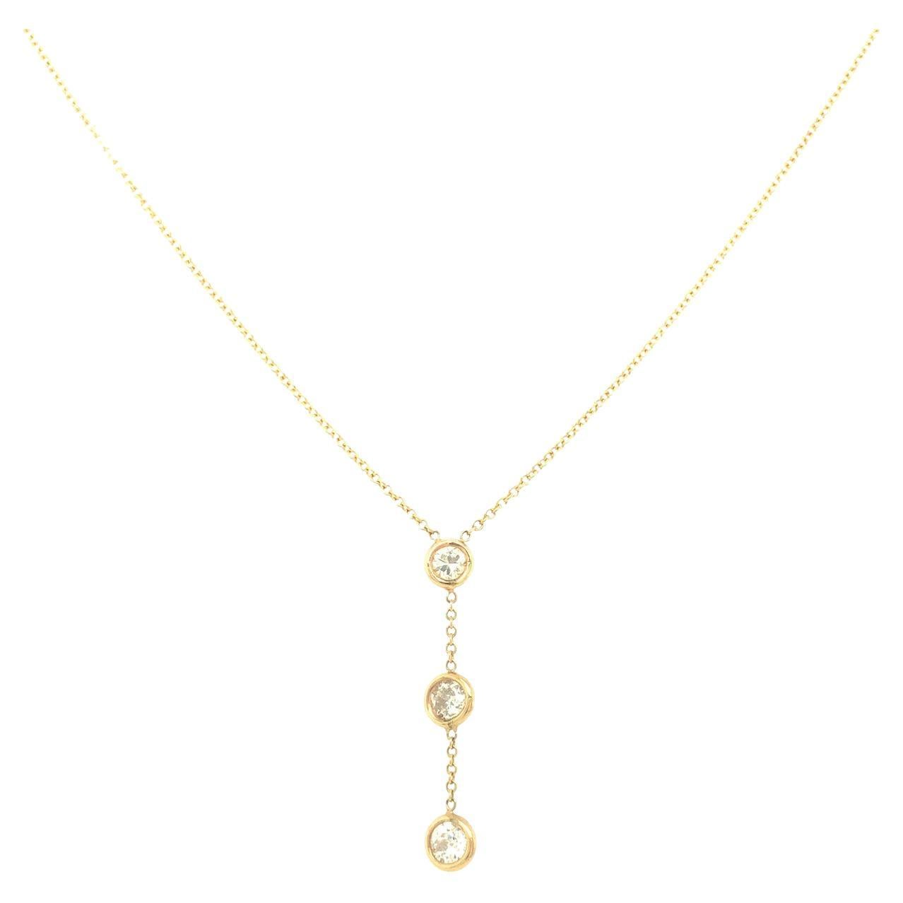 Gems Are Forever Three-Stone Dangling Diamond Necklace 14K Yellow Gold For Sale