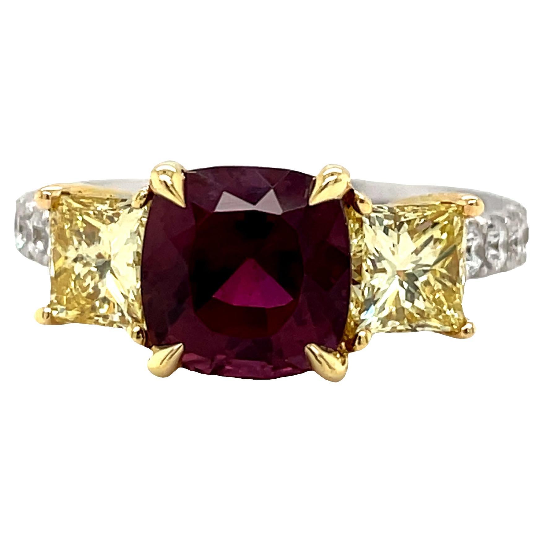 Gems Are Forever Trois pierres certifiées GIA 3,02 ct. Bague en or 18k avec rubis naturel en vente