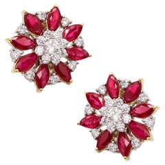 Gems cluster Clips On Earrings In 18Kt Gold With 18.76 Ctw In Diamonds 
Rubies