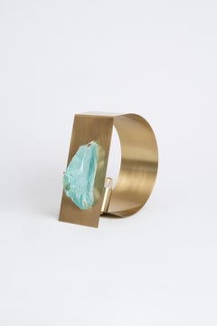 Curved Form, Light Blue Amber Gem with Satin Brass Table Lamp by Marie Jeunet