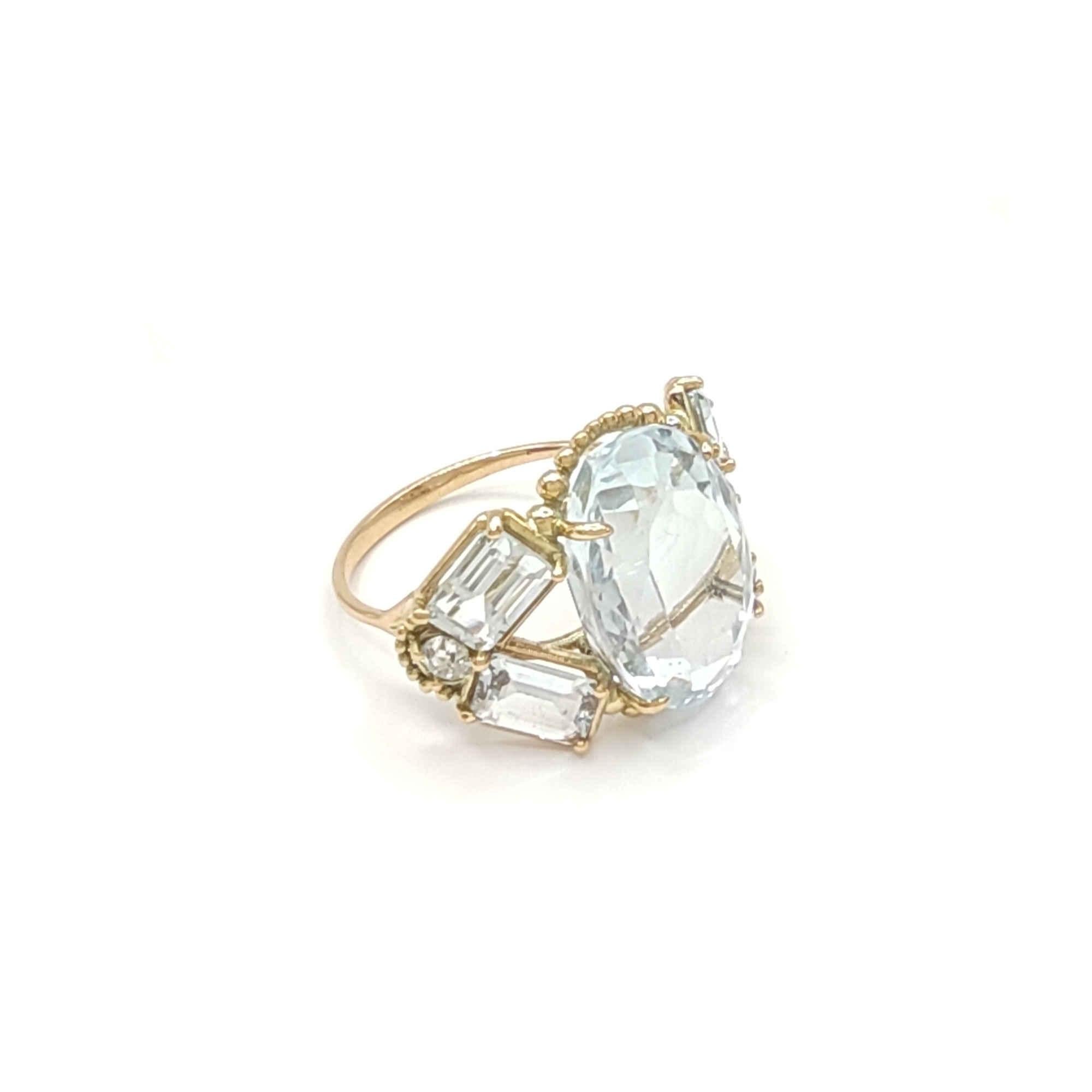 14K Gold Women's Ring, 10.32 Carat Topaz Aquamarine Diamond, Certified Cocktail 7
