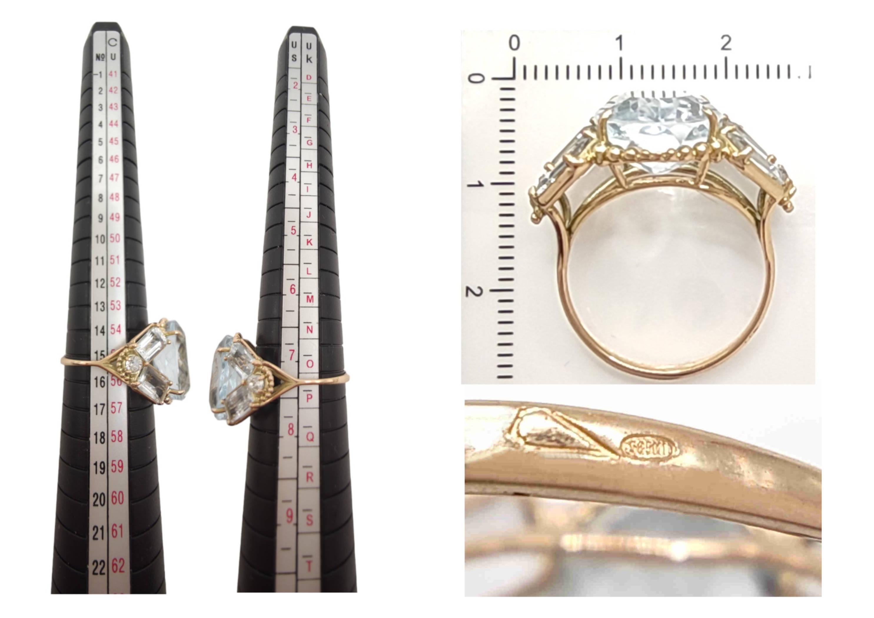 14K Gold Women's Ring, 10.32 Carat Topaz Aquamarine Diamond, Certified Cocktail 9