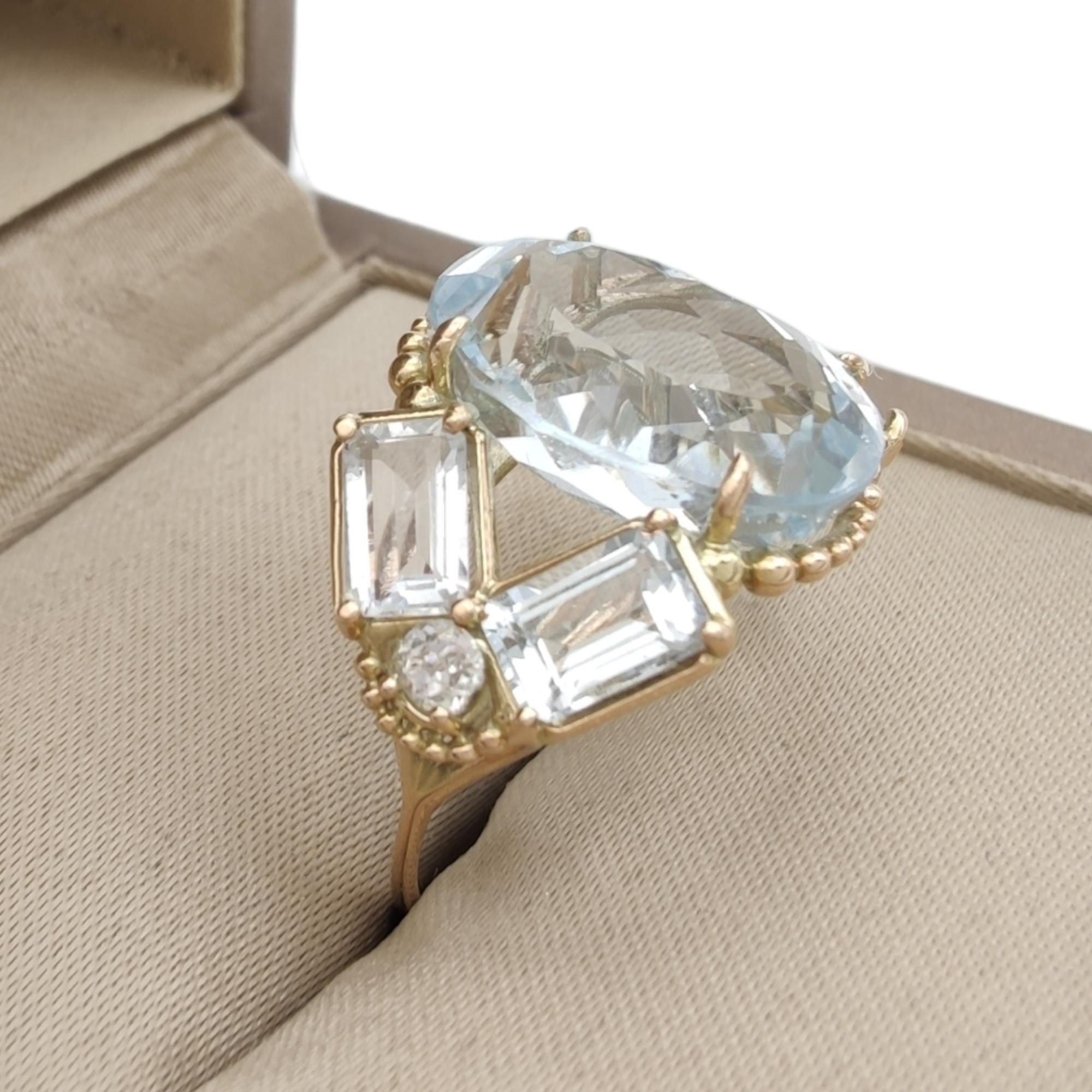 14K Gold Women's Ring, 10.32 Carat Topaz Aquamarine Diamond, Certified Cocktail 3