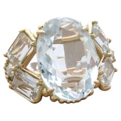 14K Gold Women's Ring, 10.32 Carat Topaz Aquamarine Diamond, Certified Cocktail