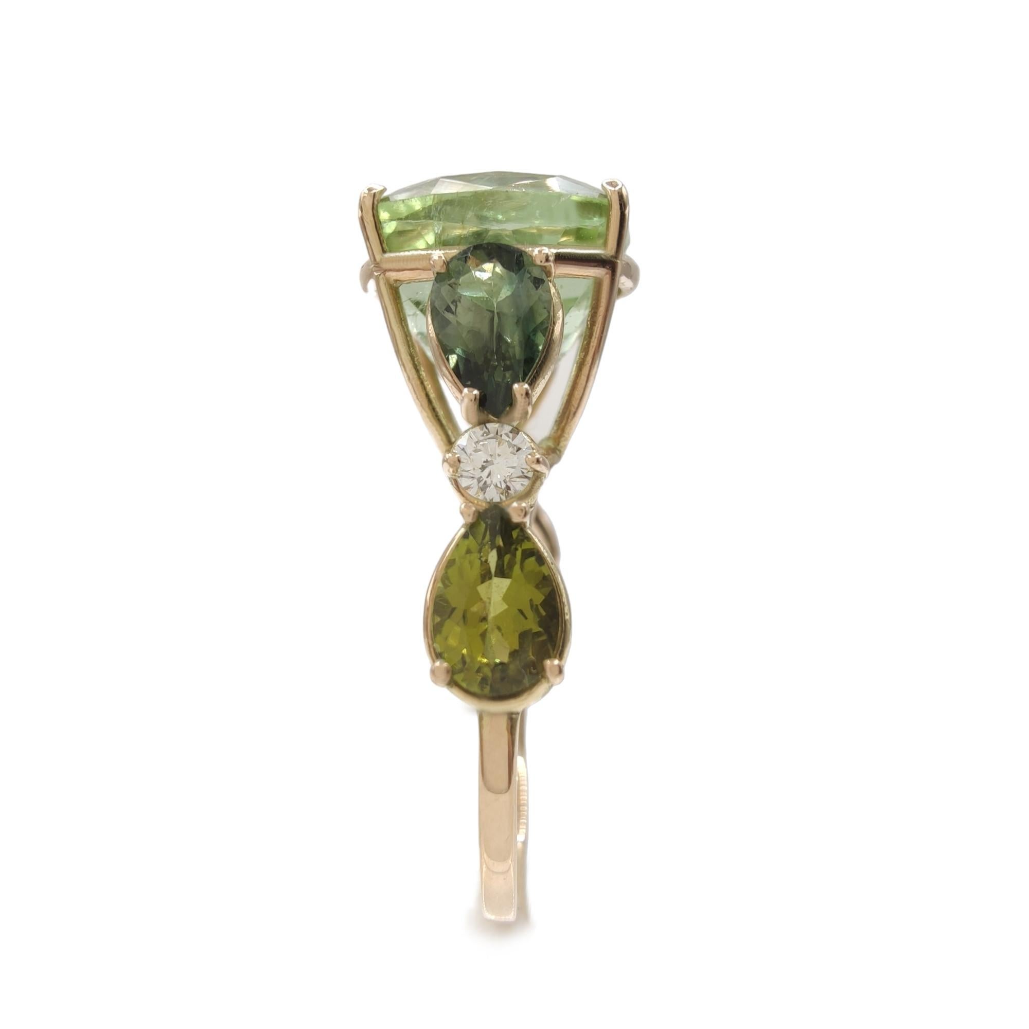 Cushion Cut Gemstone 14k Gold Ring with Genuine green tourmaline and Diamonds ring for Women
