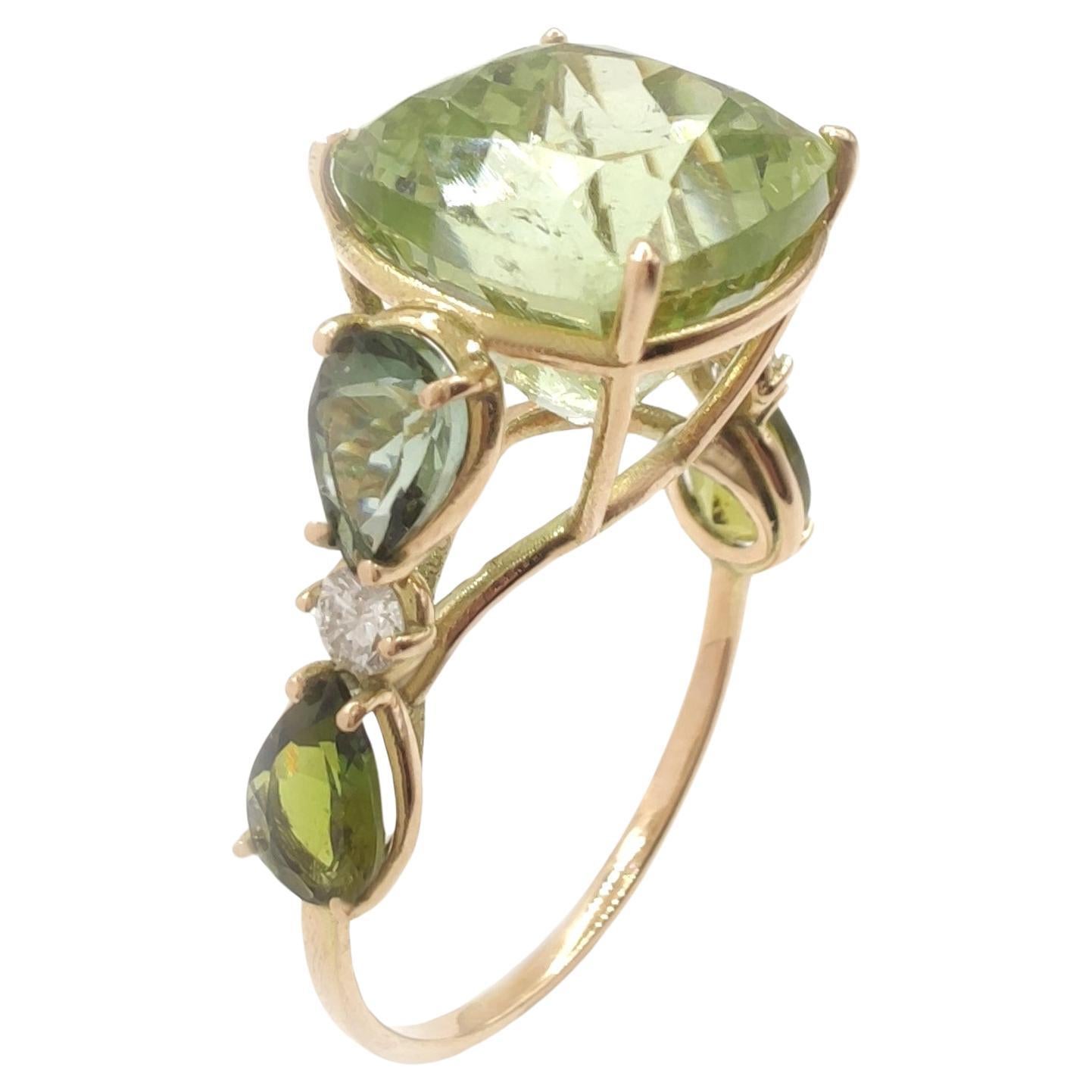 Gemstone 14k Gold Ring with Genuine green tourmaline and Diamonds ring for Women
