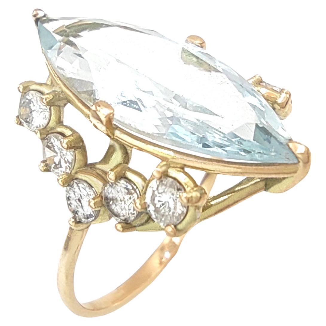 Certified Aquamarine Diamond Cocktail Ring in 14K Gold - Resizable, Perfect Gift For Sale