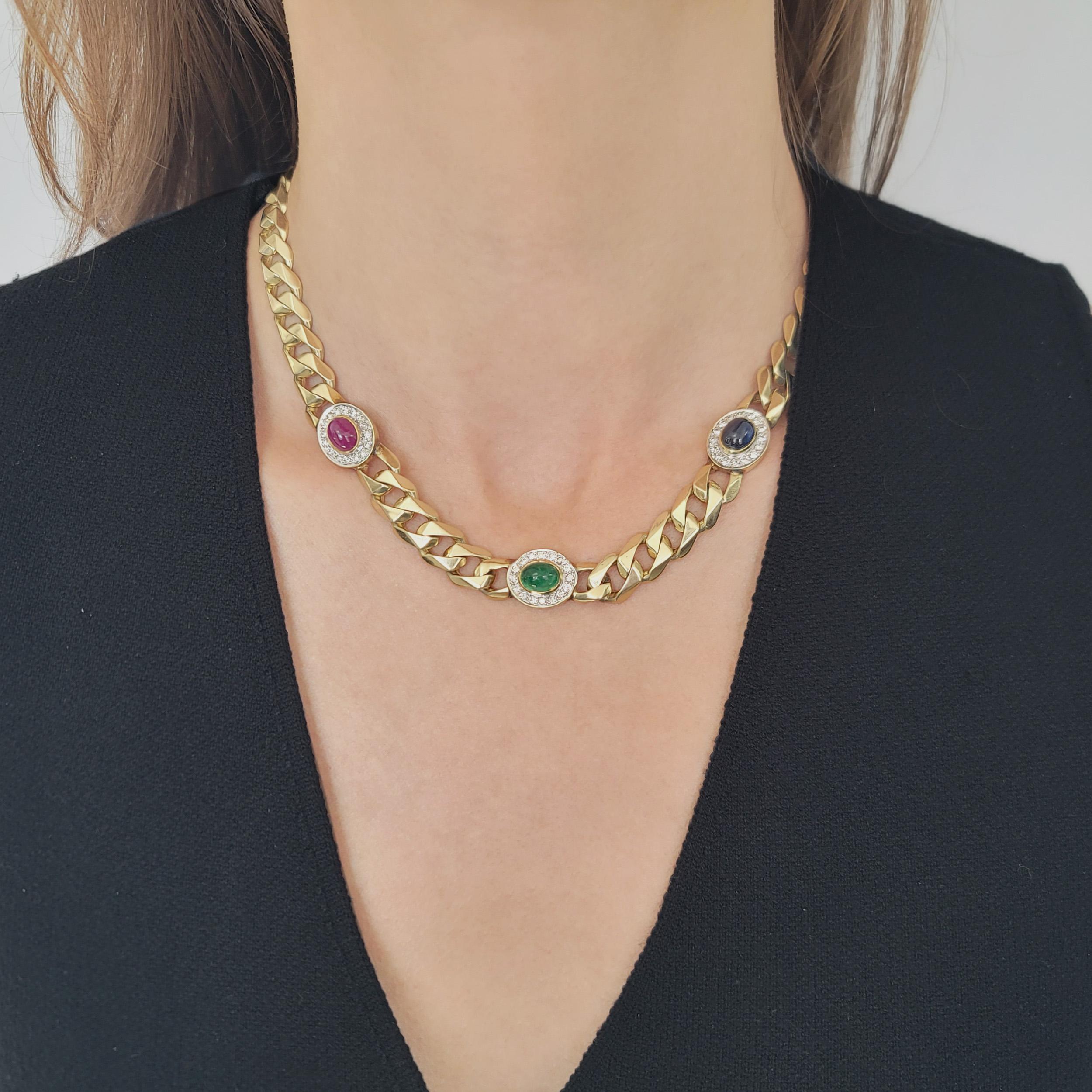 Oval Cut Gemstone and Diamond Cuban Link Necklace For Sale