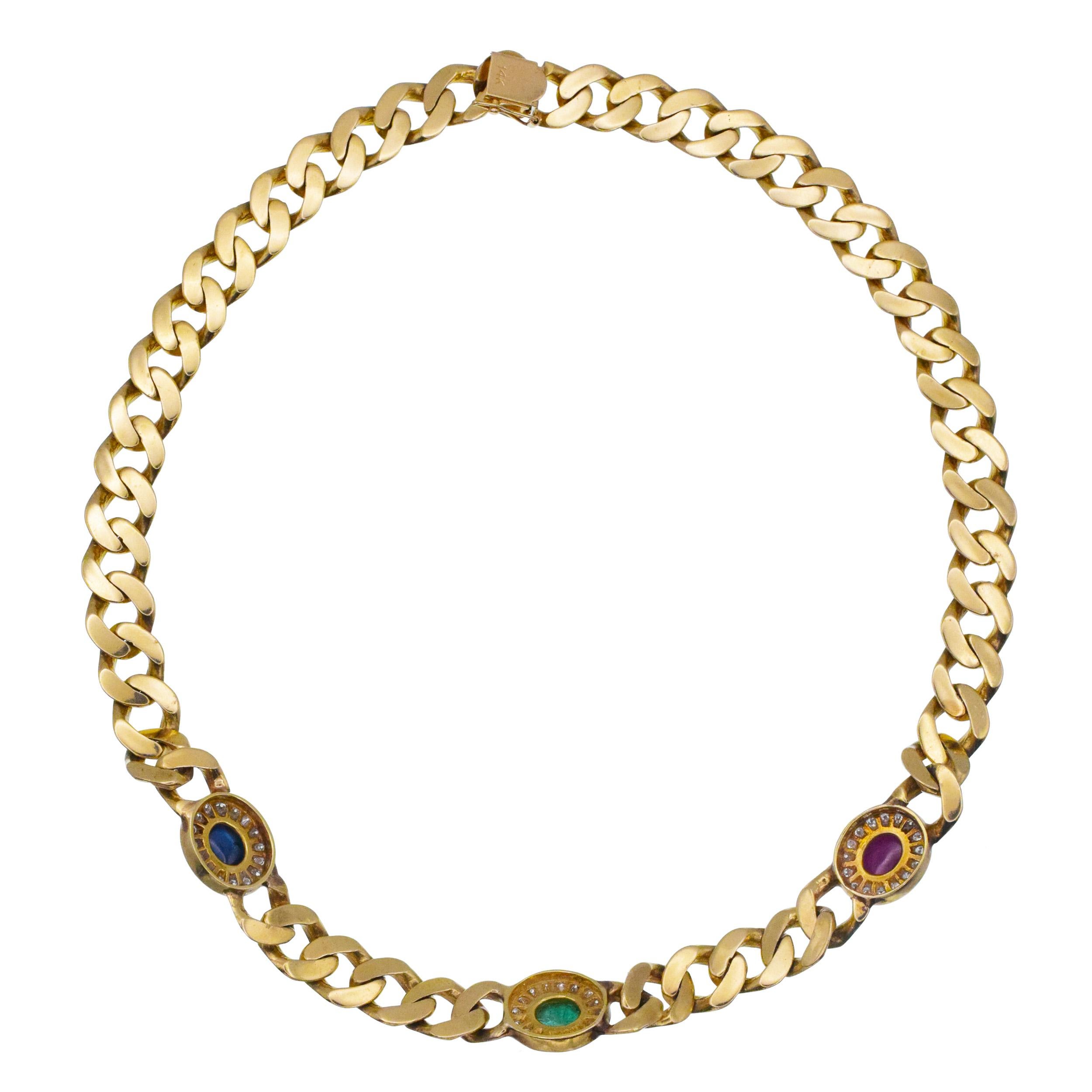 Gemstone and Diamond Cuban Link Necklace In Excellent Condition For Sale In New York, NY
