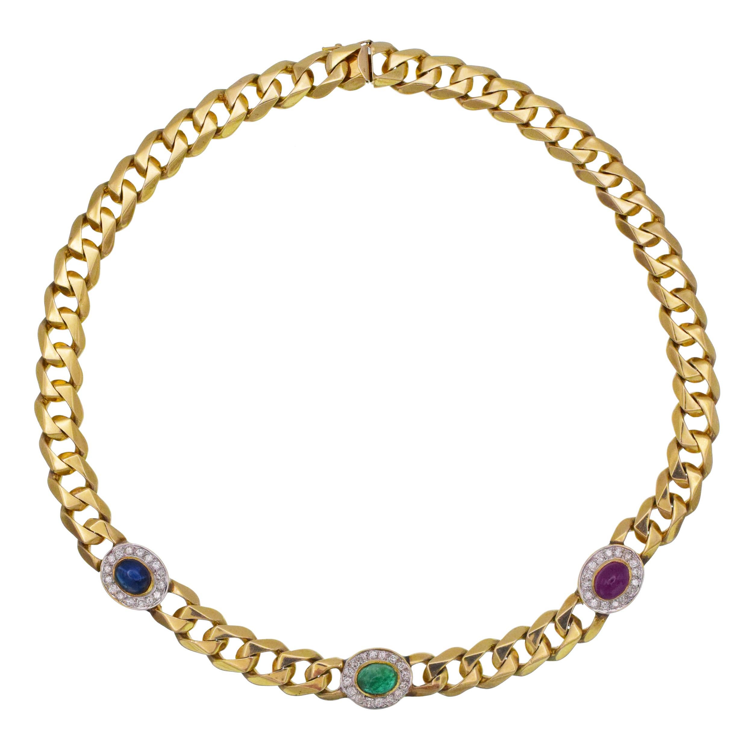 Women's Gemstone and Diamond Cuban Link Necklace For Sale
