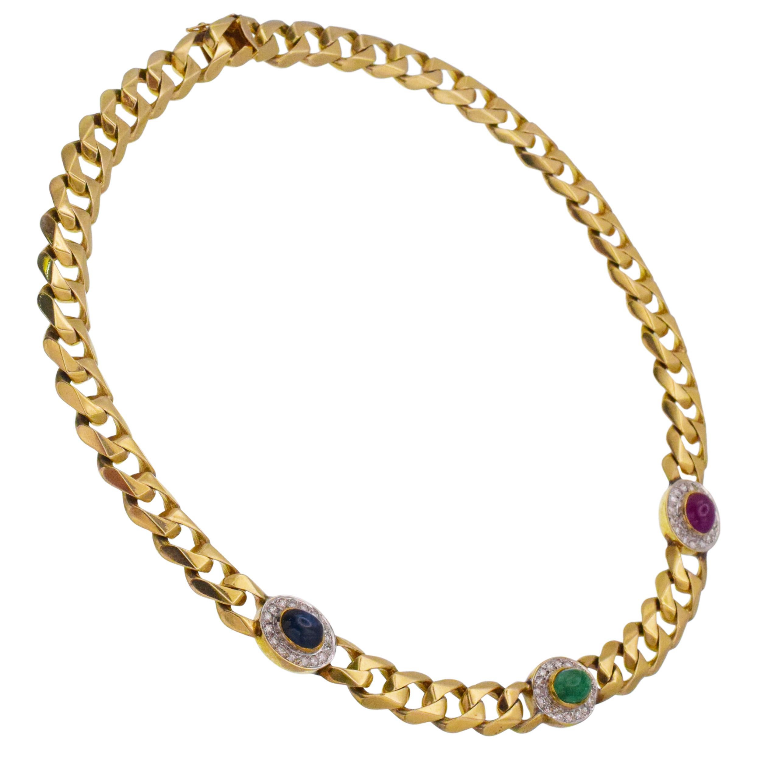 Gemstone and Diamond Cuban Link Necklace For Sale 1