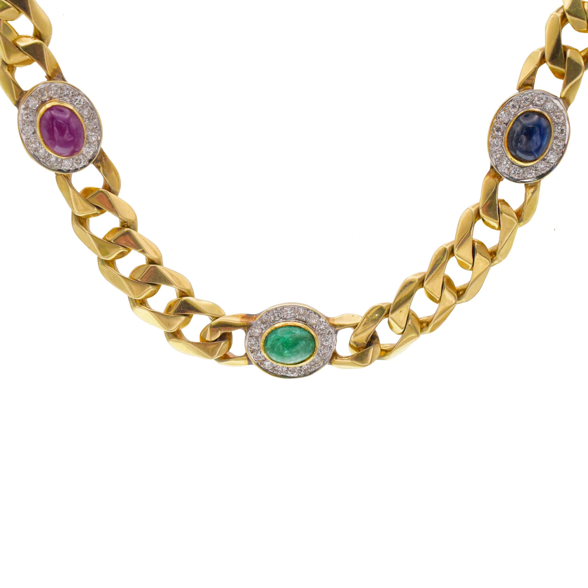 Gemstone and Diamond Cuban Link Necklace For Sale 2