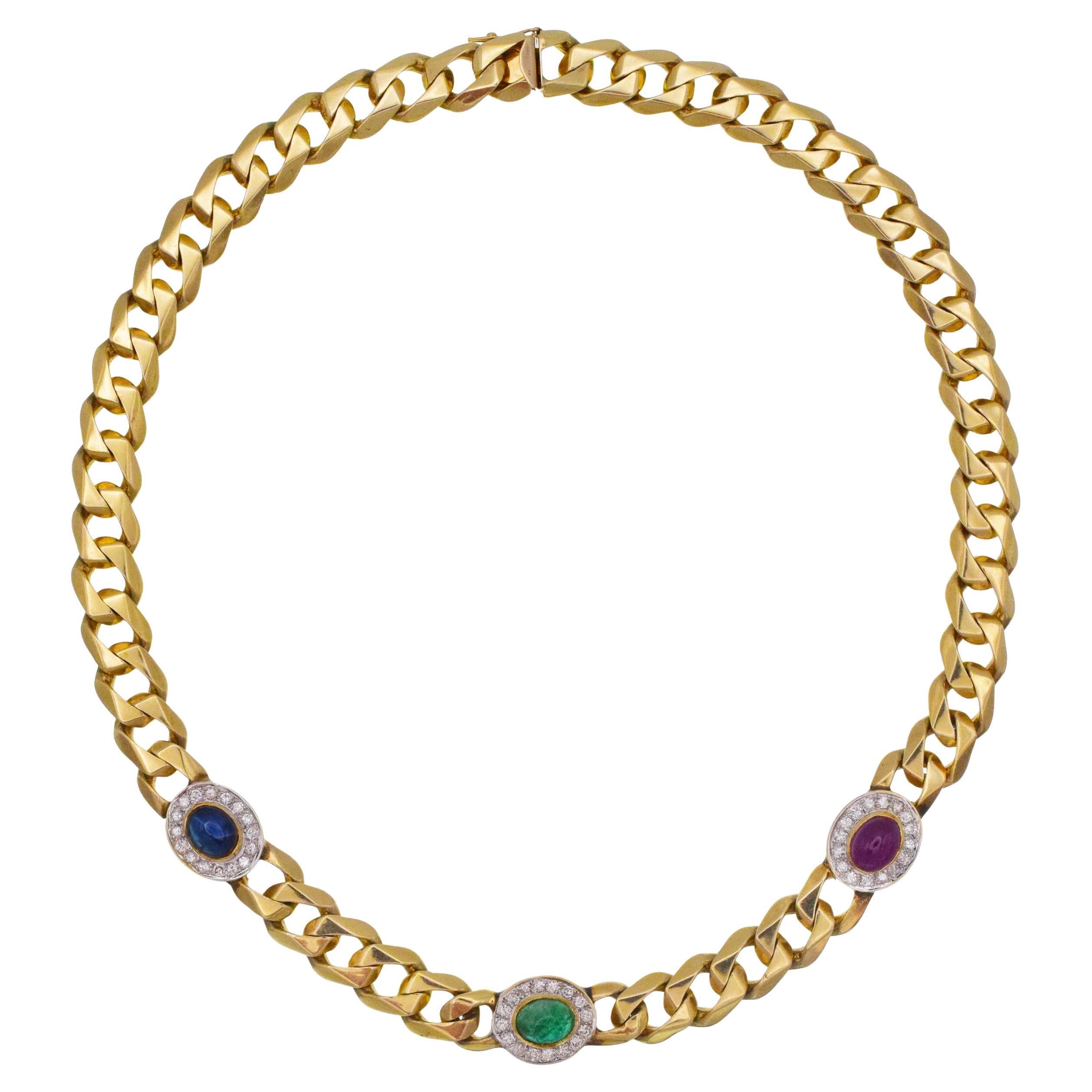 Gemstone and Diamond Cuban Link Necklace For Sale