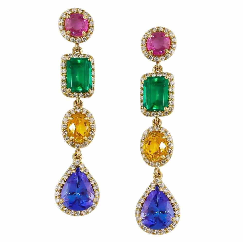 Multi Gemstone Diamond Drop Earrings For Sale