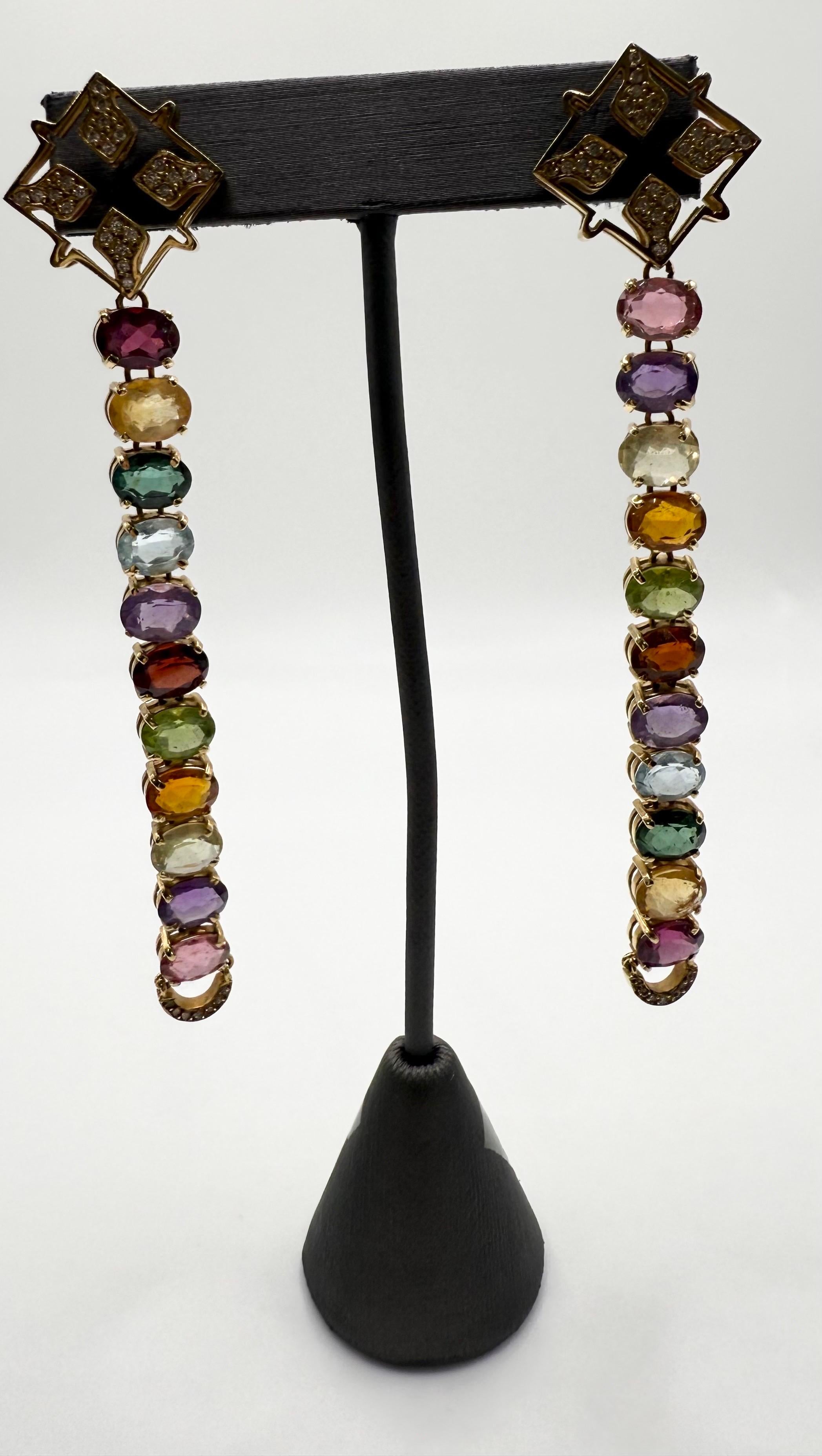Brilliant Cut Gemstone and Diamond earrings extra long 18KT yellow gold For Sale
