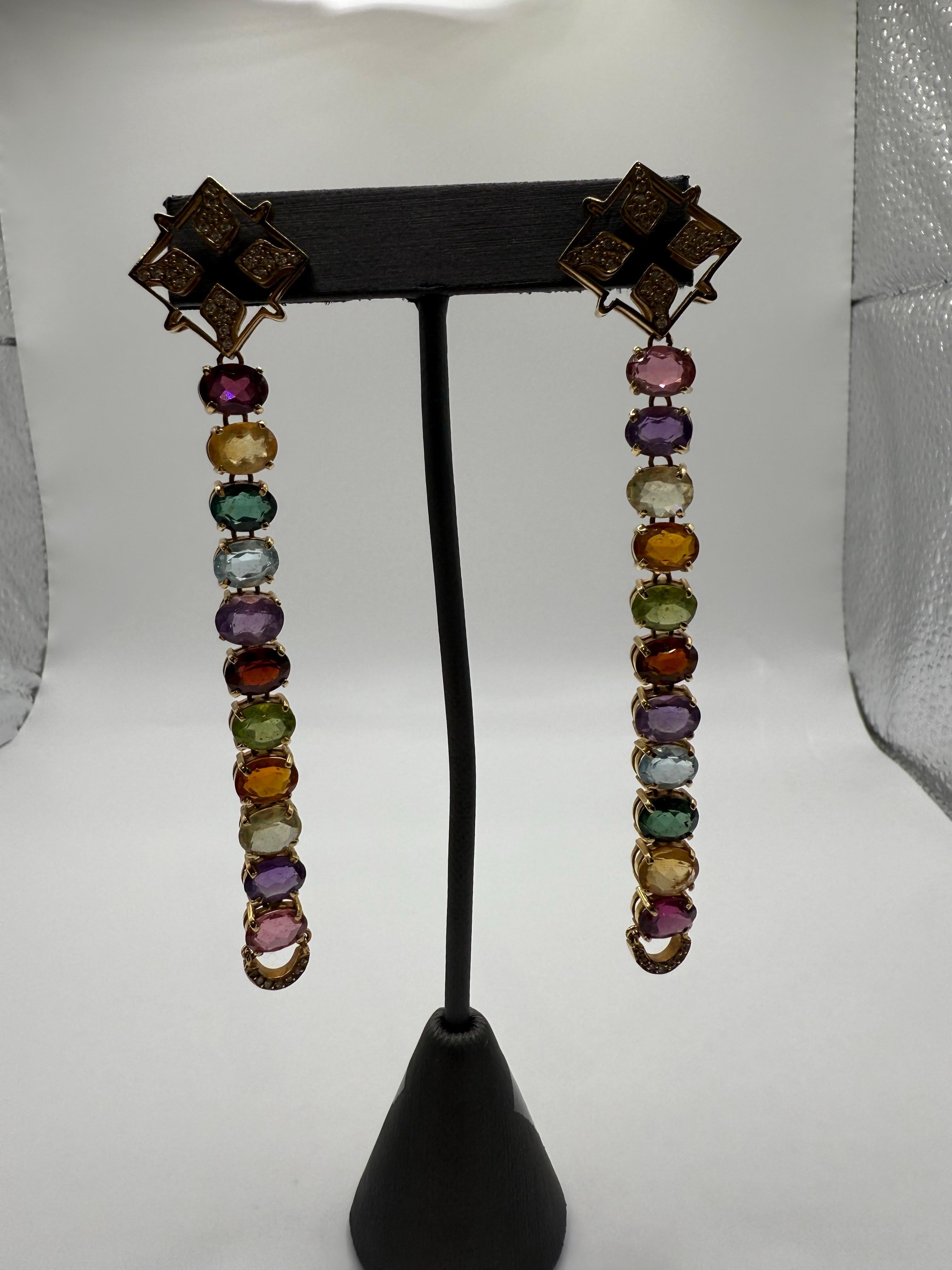 Gemstone and Diamond earrings extra long 18KT yellow gold For Sale 1