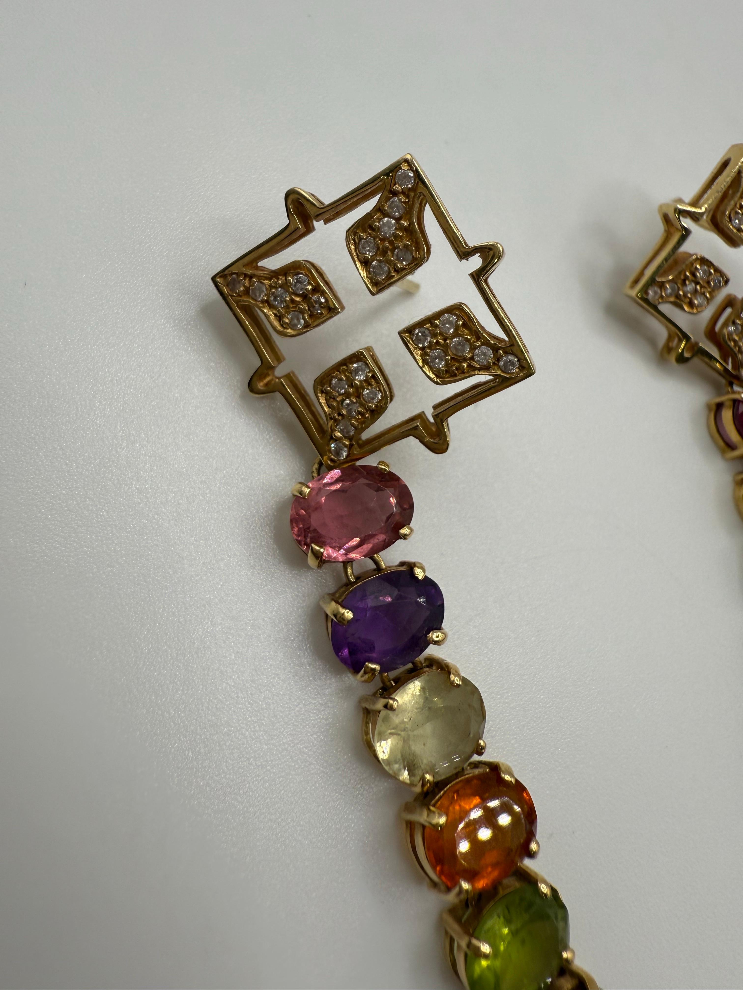 Gemstone and Diamond earrings extra long 18KT yellow gold For Sale 2