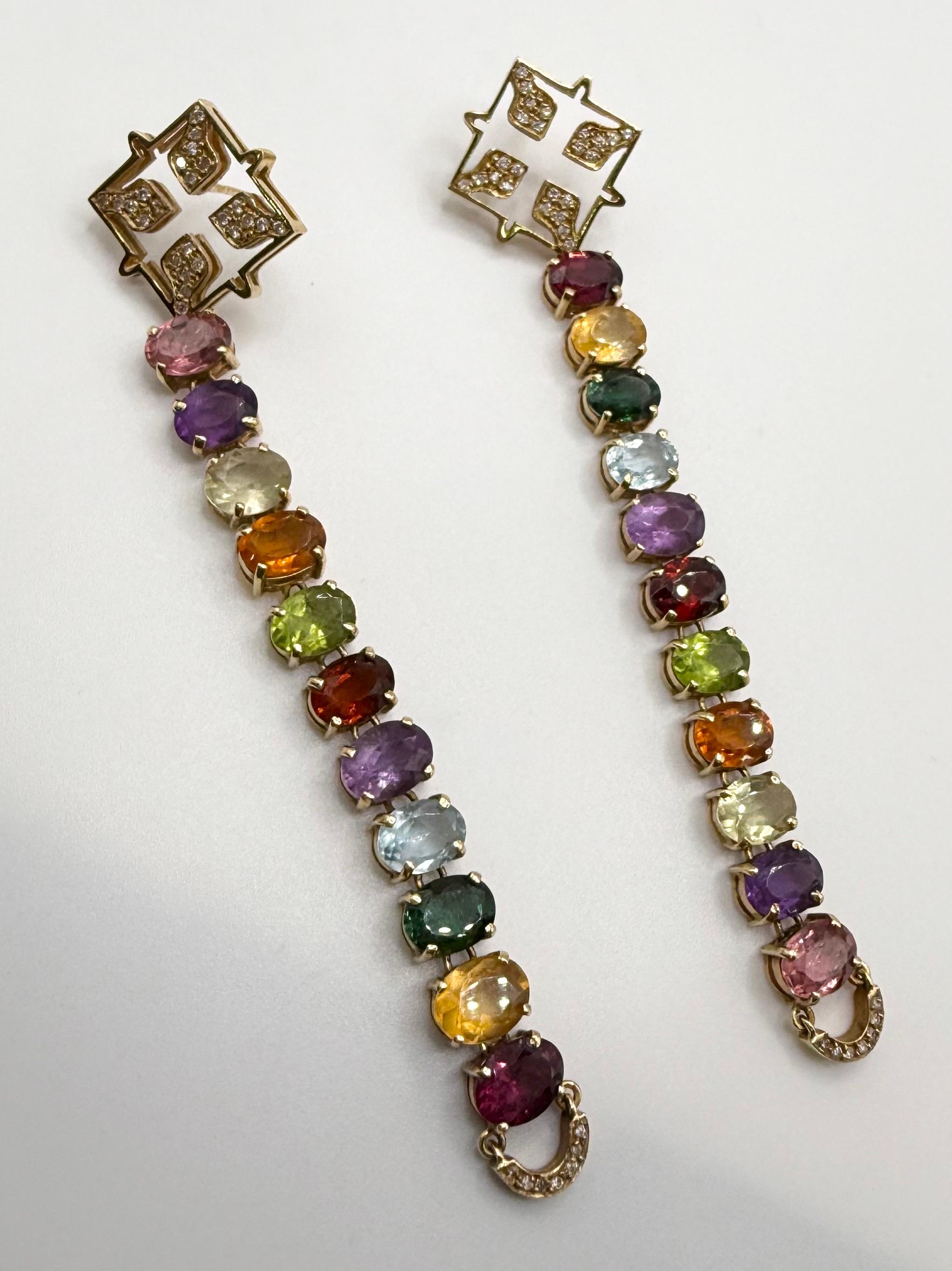 Gemstone and Diamond earrings extra long 18KT yellow gold For Sale 4