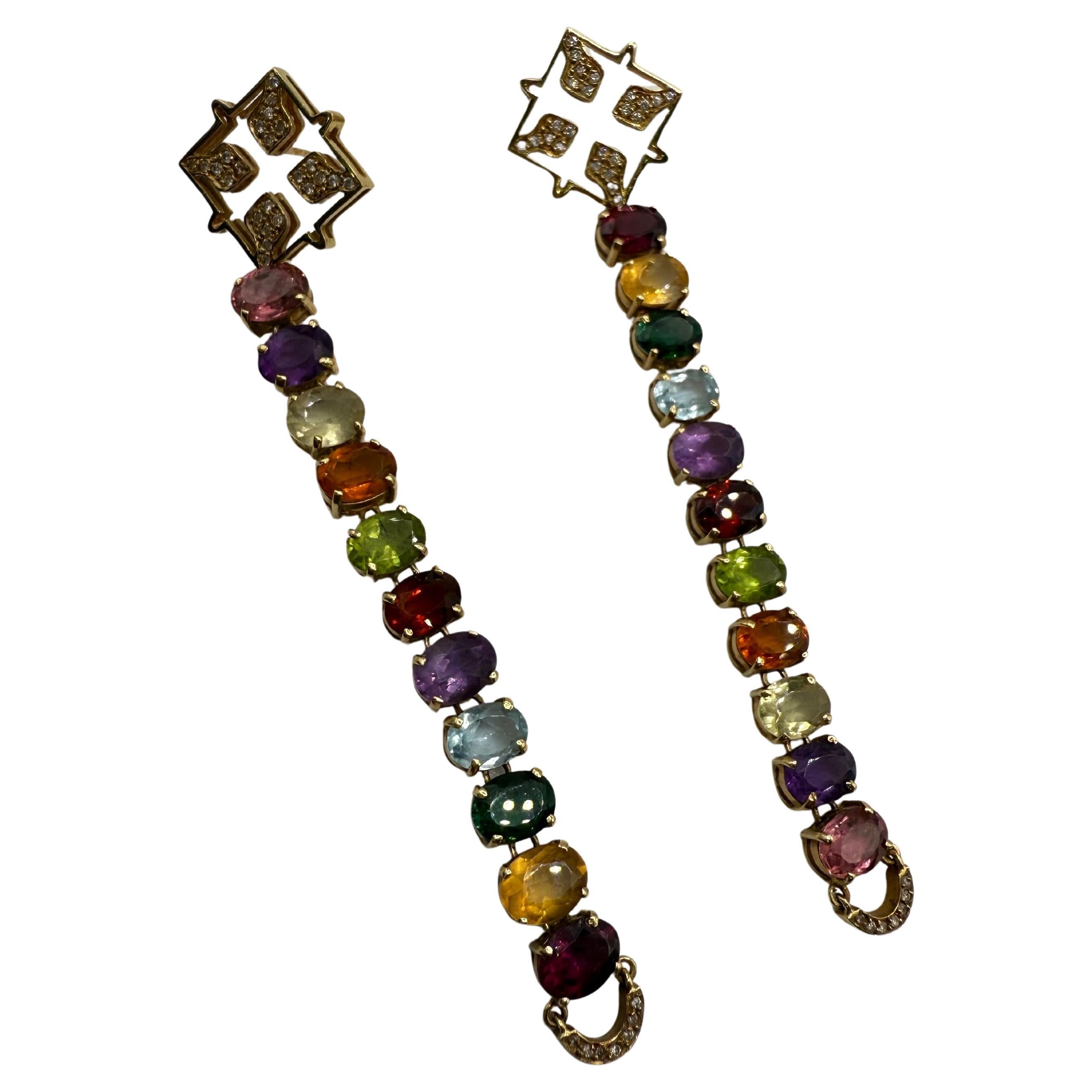 Gemstone and Diamond earrings extra long 18KT yellow gold For Sale