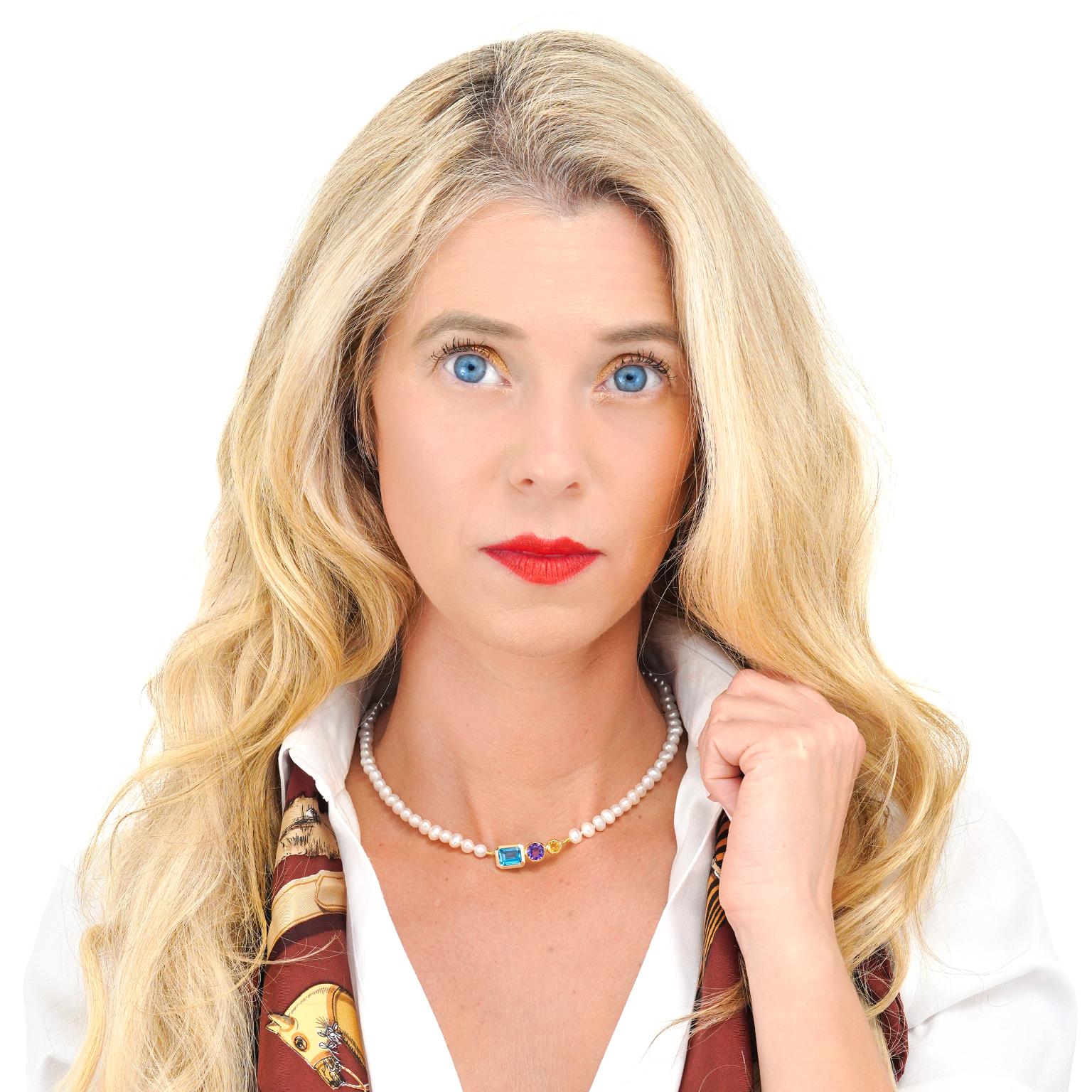 Circa 1990s, 18k, American.  Sleek and chic …a strand of pearls with gold and gem drops of color. This necklace is perfect for any moment of fashion. Excellent condition. 
	
Remark: “Color is the heart of fashion.” 
		
SIZE:   16 inches