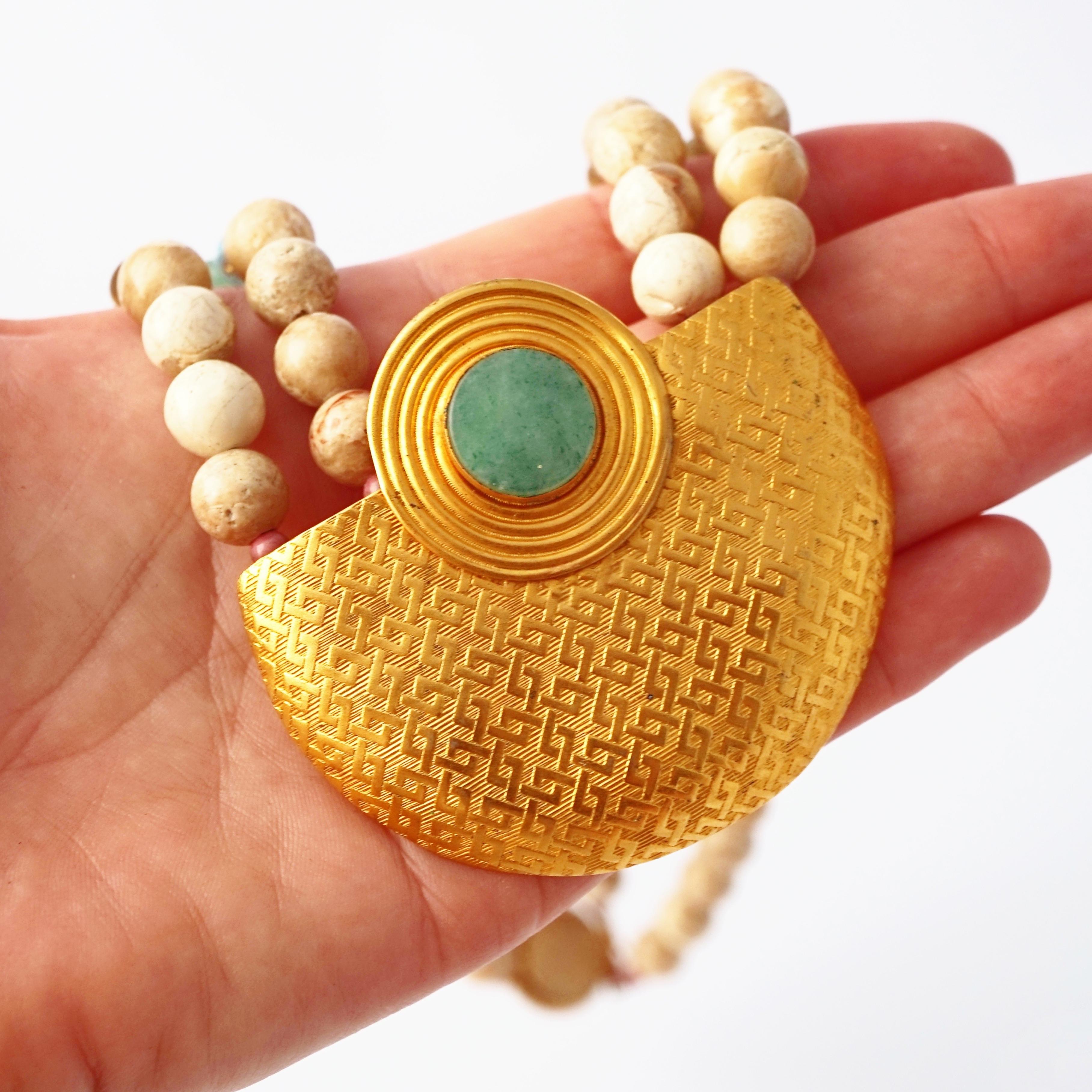 Gemstone Beaded Necklace With Modernist Medallion By Tulla Booth, 1980s For Sale 1