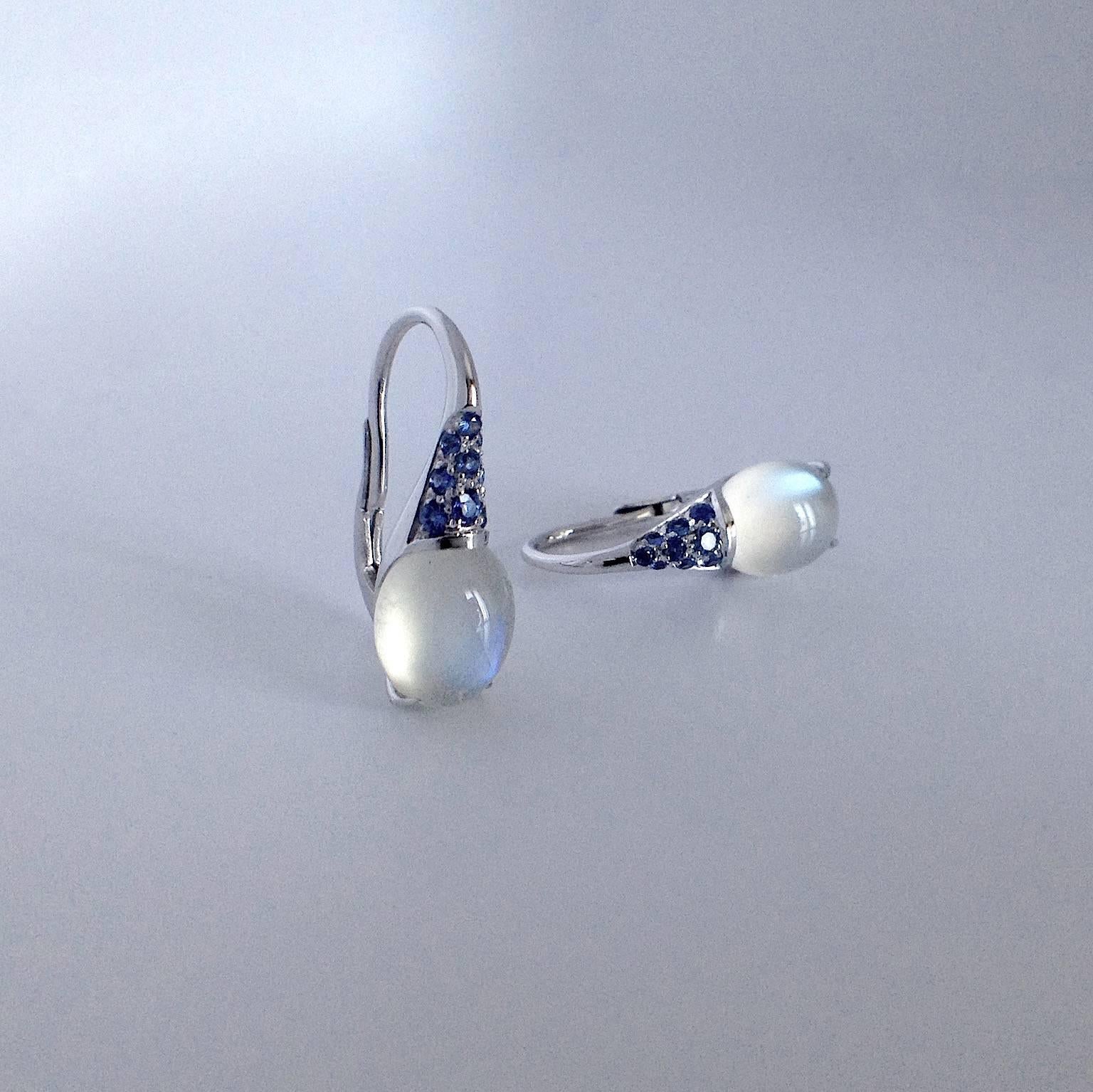 Gemstone Blue Sapphire Cabochon Moonstone 18 Kt White Gold Drop Hoop Earrings  For Sale 8