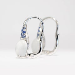 Gemstone Blue Sapphire Cabochon Moonstone 18 Kt White Gold Drop Hoop Earrings