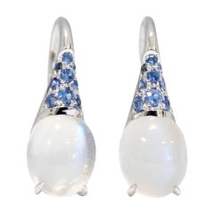 Gemma Zaffiro Blu Cabochon Pietra di Luna Orecchini a cerchio a goccia in oro bianco 18 Kt