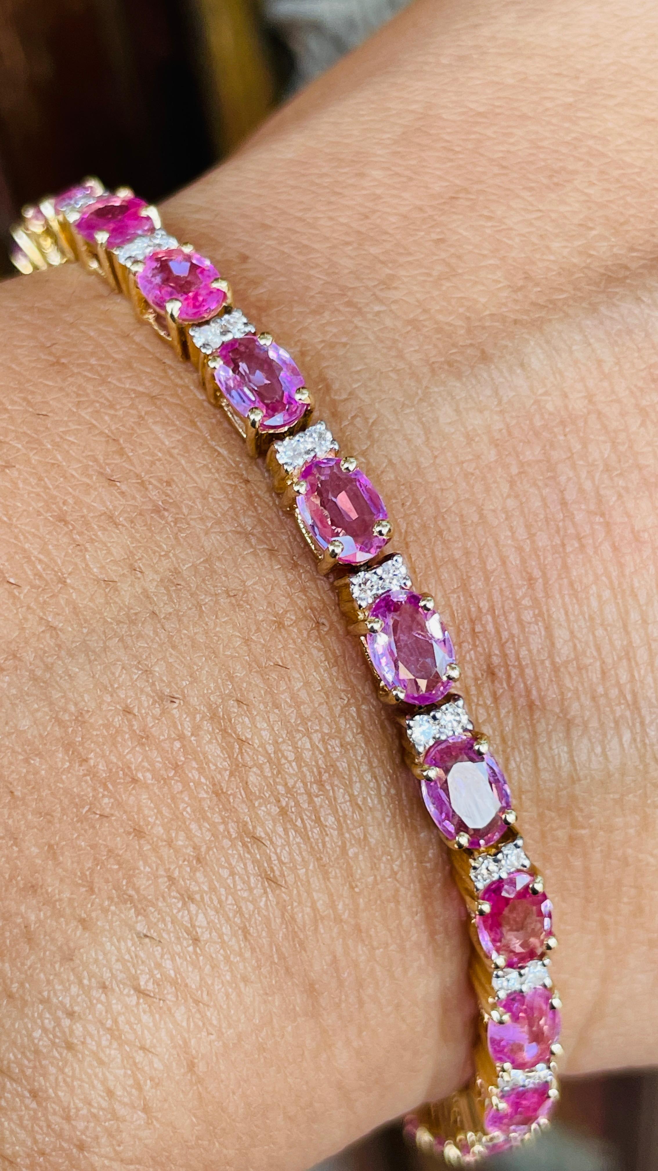 Gemstone Bracelet Featuring Oval Cut Pink Sapphire in 14K Gold With Diamonds For Sale 3