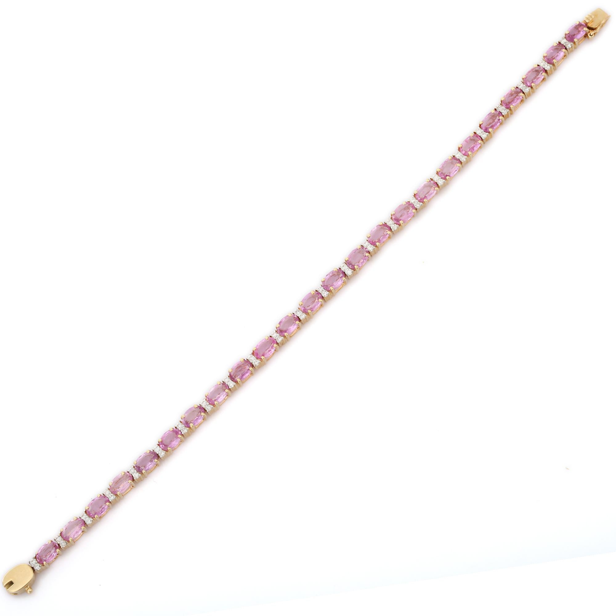 Gemstone Bracelet Featuring Oval Cut Pink Sapphire in 14K Gold With Diamonds In New Condition For Sale In Houston, TX