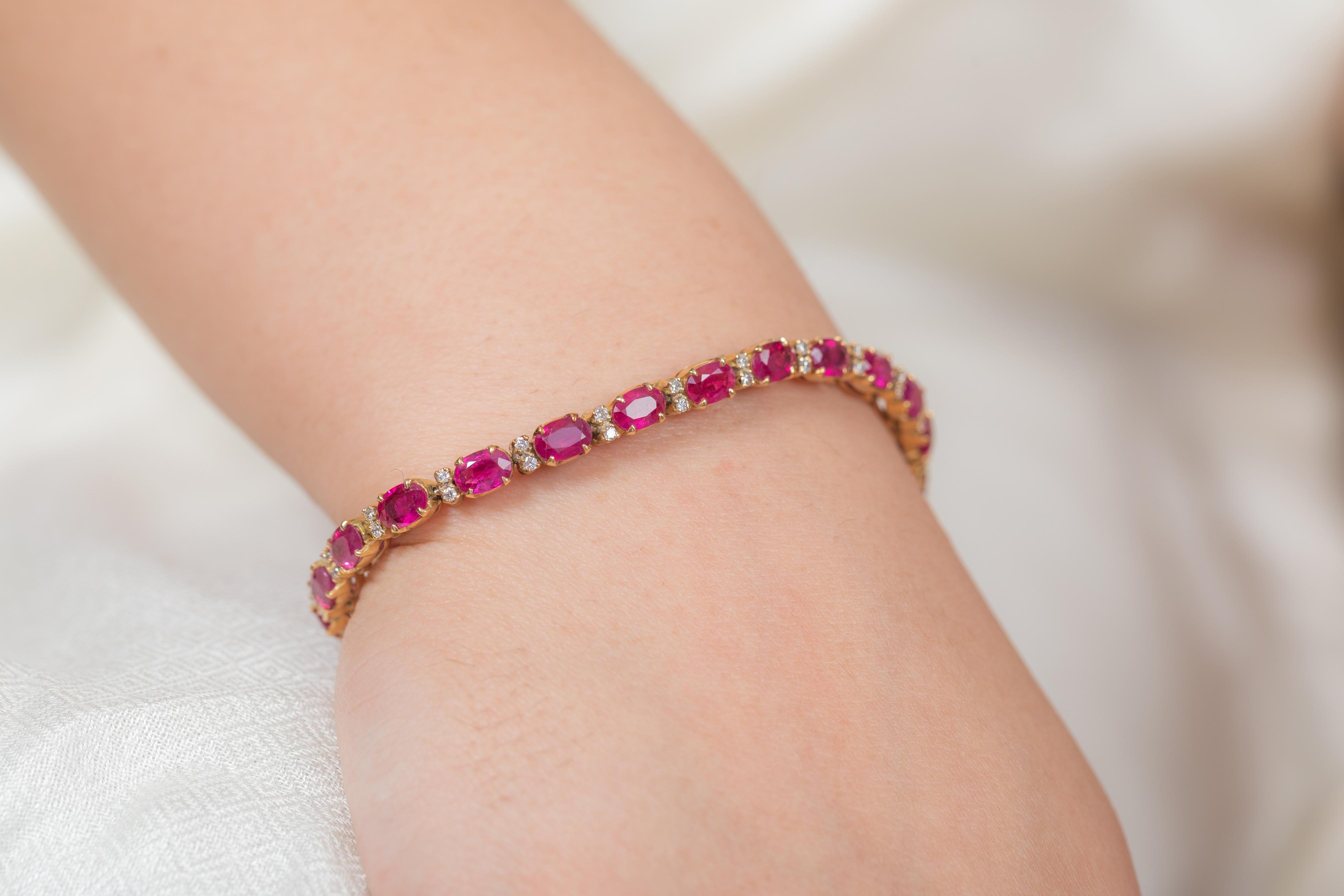 Modern Gemstone Bracelet Featuring Oval Cut Pink Sapphire in 14K Gold With Diamonds For Sale