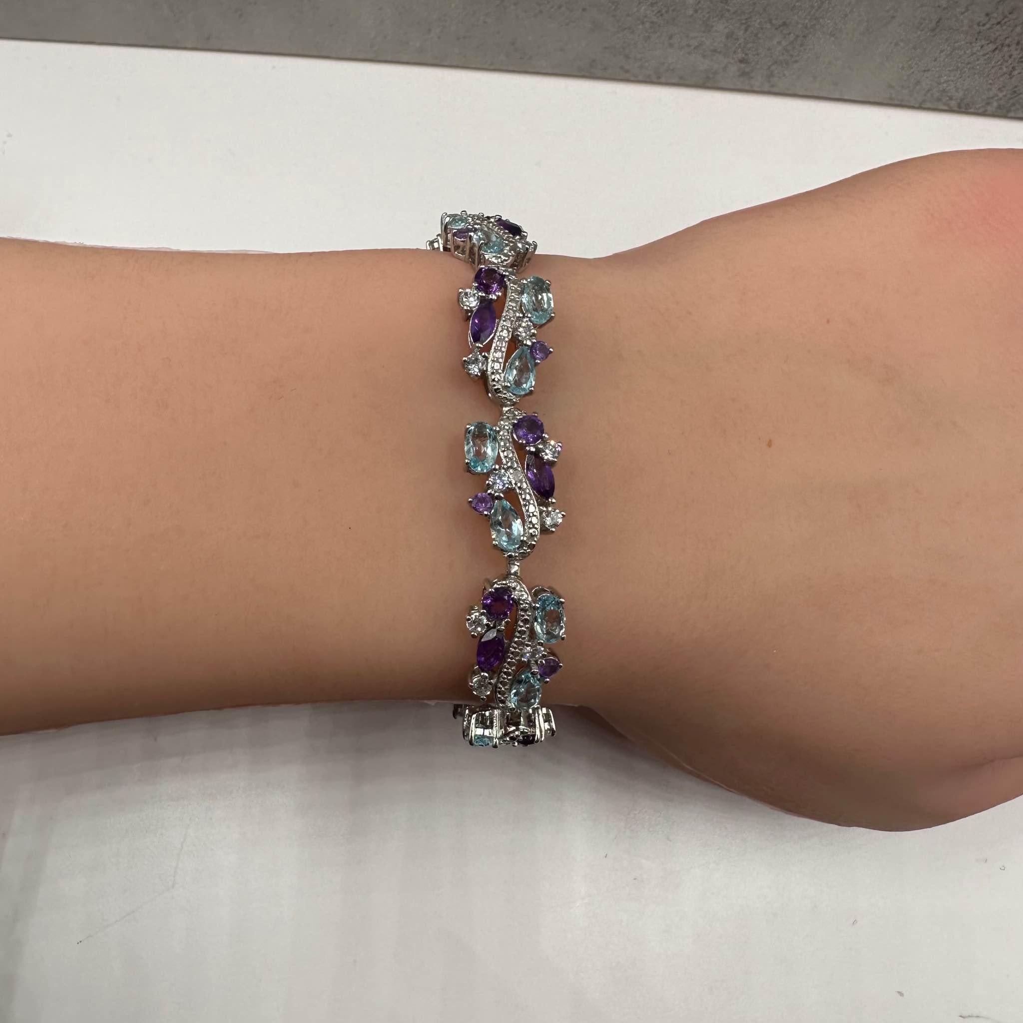 Women's Gemstone Bracelet in Sterling Silver - 10ctw Amethyst, Blue Topaz, White Topaz