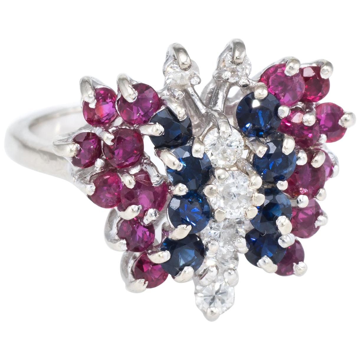 Gemstone Butterfly Ring Vintage Diamond Ruby Sapphire 14 Karat White Gold Estate For Sale