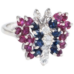 Gemstone Butterfly Ring Retro Diamond Ruby Sapphire 14 Karat White Gold Estate